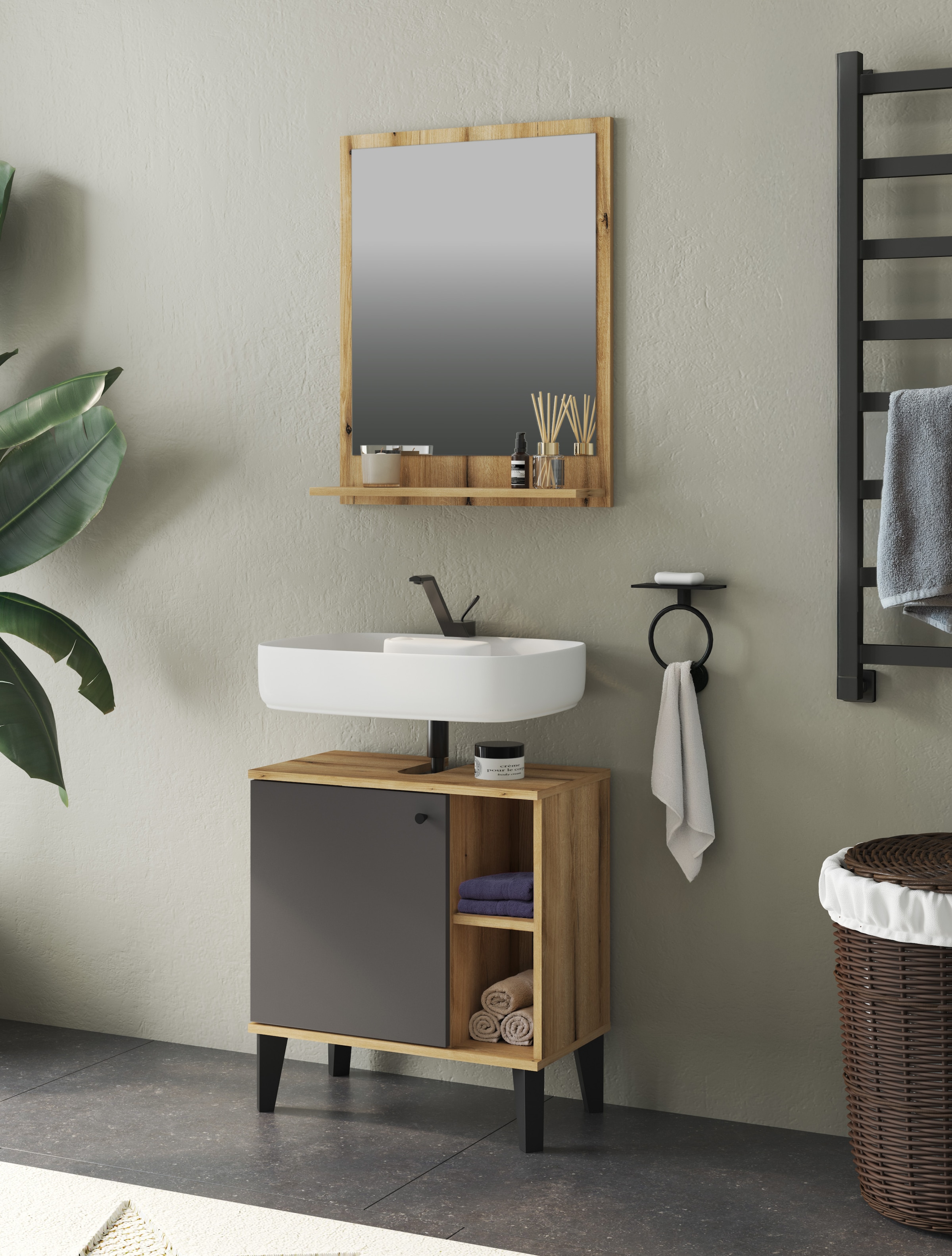 INOSIGN Miroir de salle de bain »Oslo, Spiegel in Eiche Evoke, Wandspiegel im skandinavischen Design« mit Ablagefläche, 60 cm breit