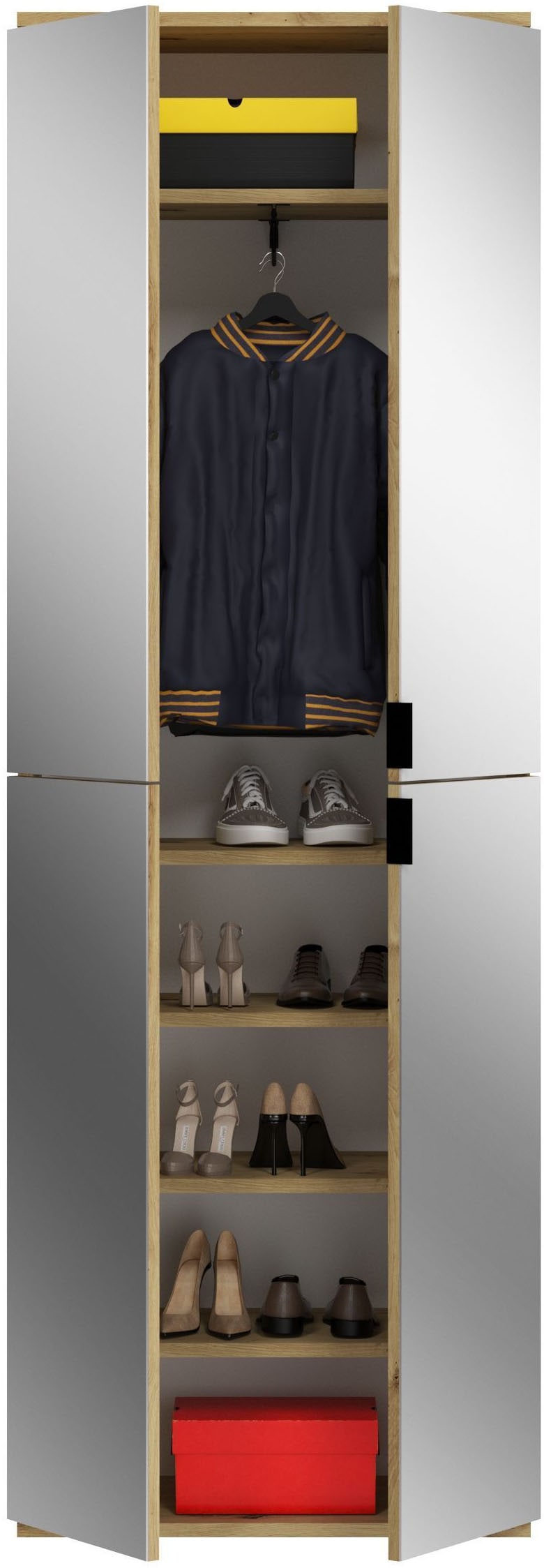 Home affaire Schuhschrank »Trondheim, Höhe 193 cm, 4 Spiegeltüren, 9 Fächer, 7 Einlegeböden« inkl. ausziehbarer Kleiderstange, Garderobenschrank, Kleiderschrank