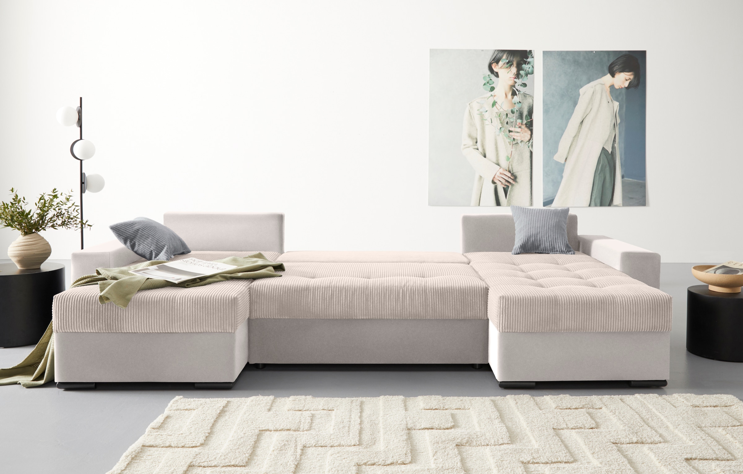 COLLECTION AB Paysage de salon »Josy XL U-Form, B: 313 cm in Cord, Cord-Mix« mit Bettfunktion, Bettkasten & 2 Zierkissen, Federkern