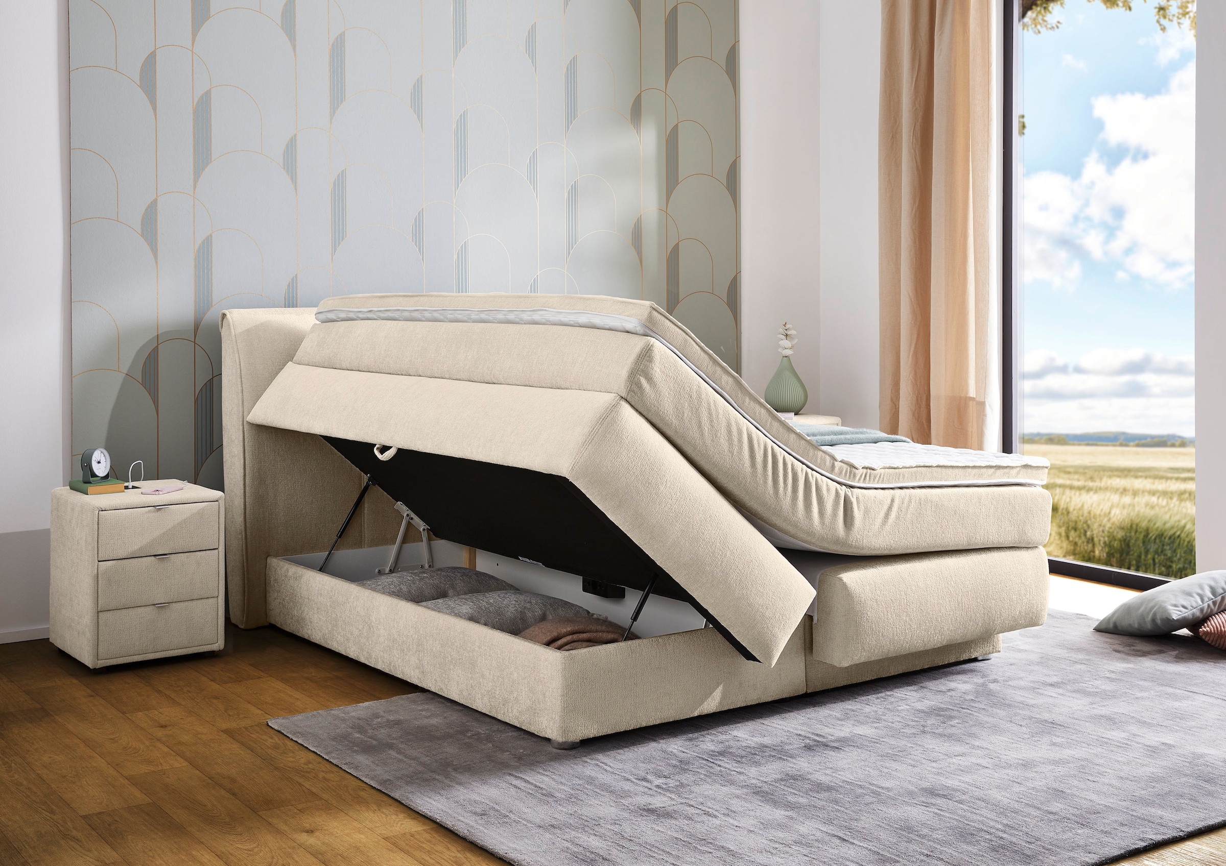 Jockenhöfer Gruppe Lit boxspring »Caren, Breite 180cm, mit grossem Bettkasten/Stauraum« matelas TTFK 7 zones, surmatelas KS, différentes fermetés au choix