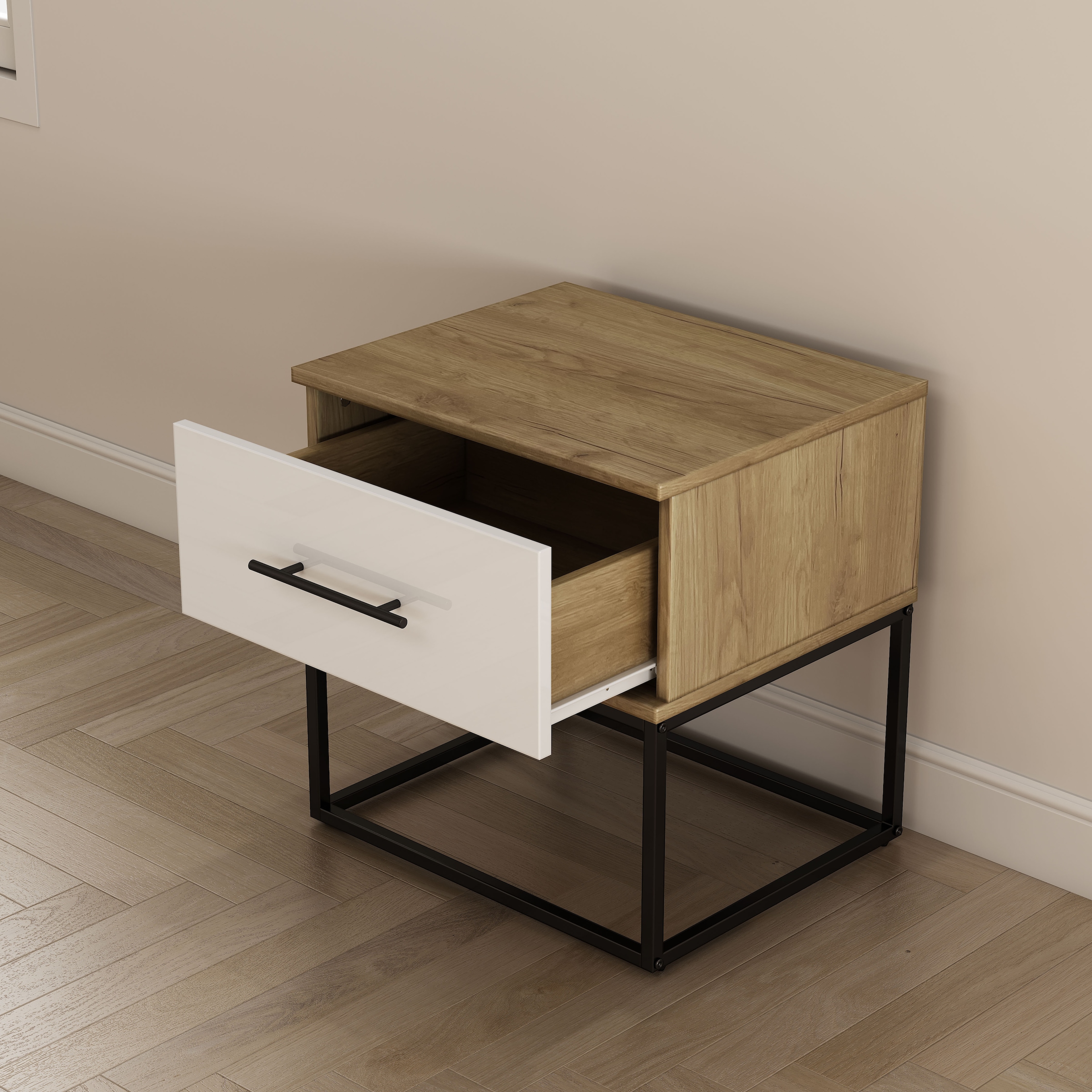 GOODproduct Table de nuit »Lucca Nachttisch Set mit Metallkufen und schwarzen Griffen« Set, 2 Schränke im Set , Hochglanz Fronten in weiss,  Nchttisch Set mit je einer Schublade in Loft Design