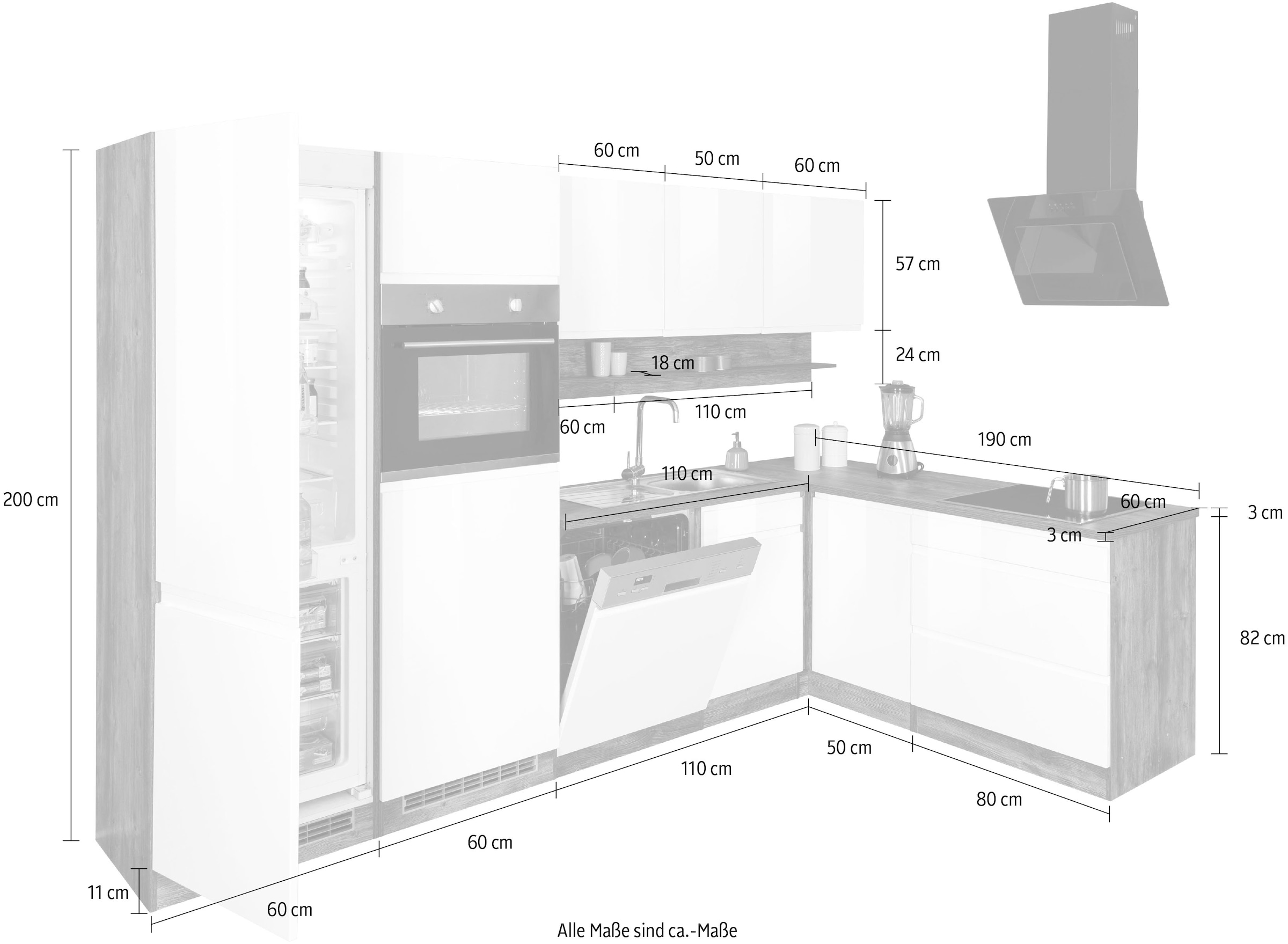 KOCHSTATION Cuisine d'angle »KS-Virginia,neu in verbesserter Ausführung« plan de travail épaisseur 38 mm, rangement, fermeture douce,  Largeur réglable 290/180 cm, Soft-Close, sans appareils électriques