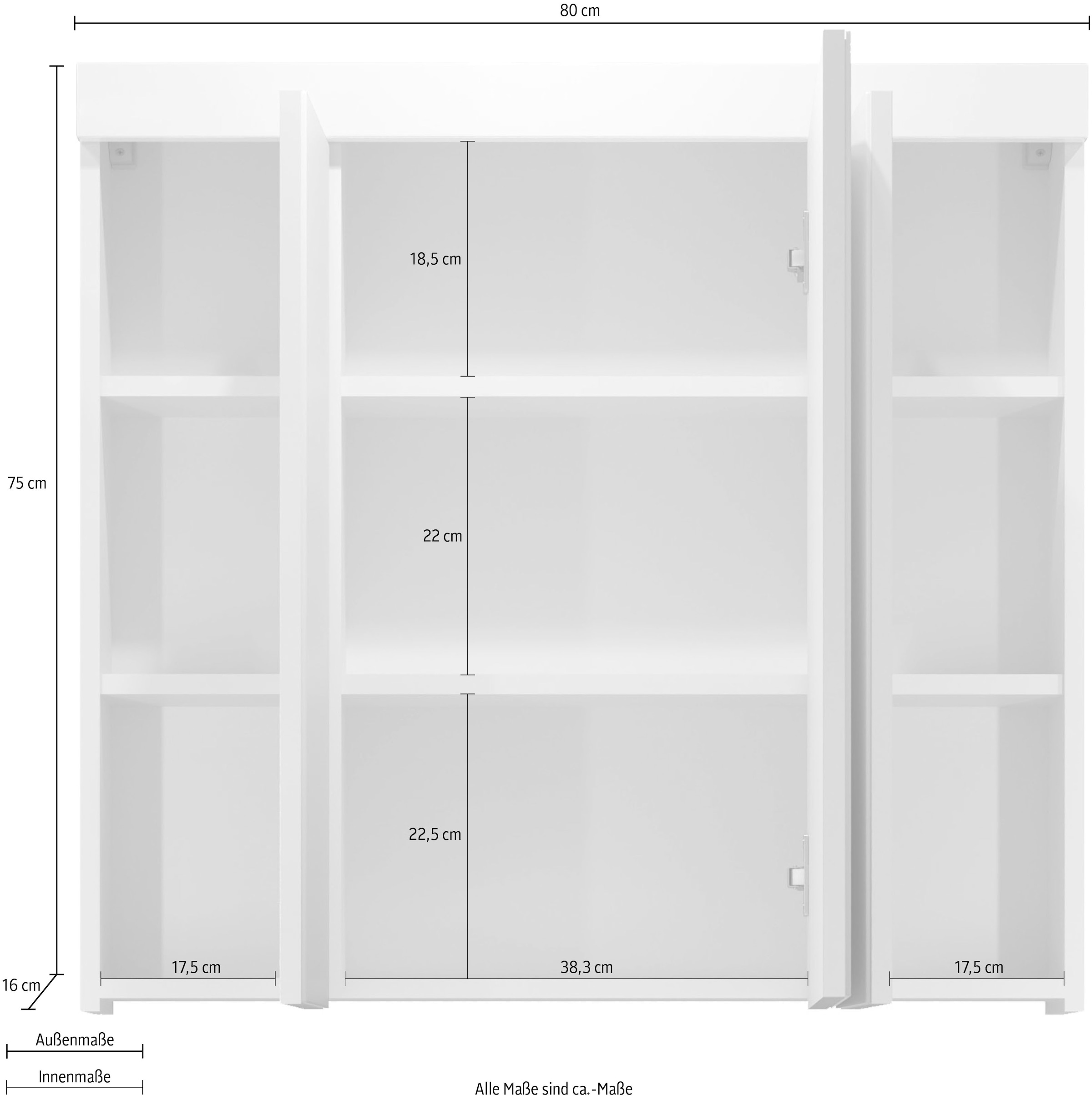 welltime Spiegelschrank »Dormoletto« Badspiegel in Weiss mit 9 Fächern - Masse (B/T/H) 80/16/75 cm