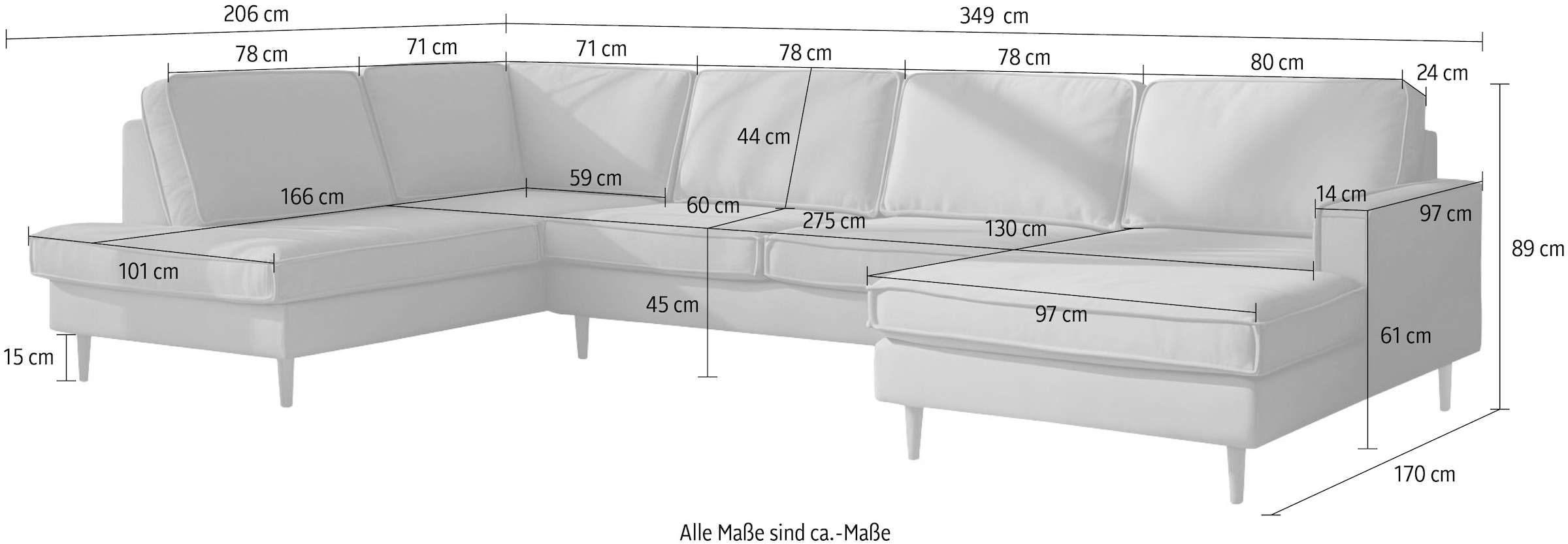 GOODproduct Wohnlandschaft »Pinto Skandi, 350 cm, U-Form, XXL, mit Ottomanen« mit Keder, Massivholzfüsse Eiche geräuchert, Wellenunterfederung