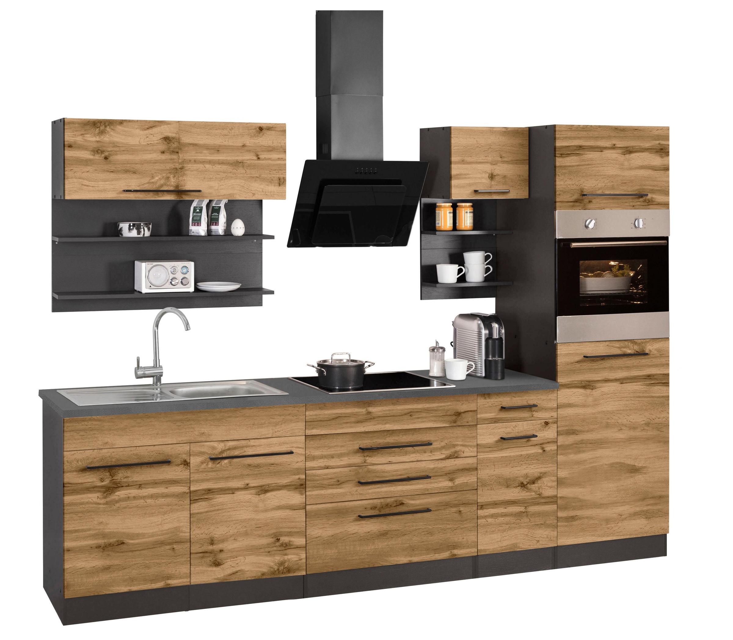KOCHSTATION Küchenzeile »KS-Tulsa« ohne E-Geräte, Breite 290 cm, schwarze Metallgriffe, MDF Fronten