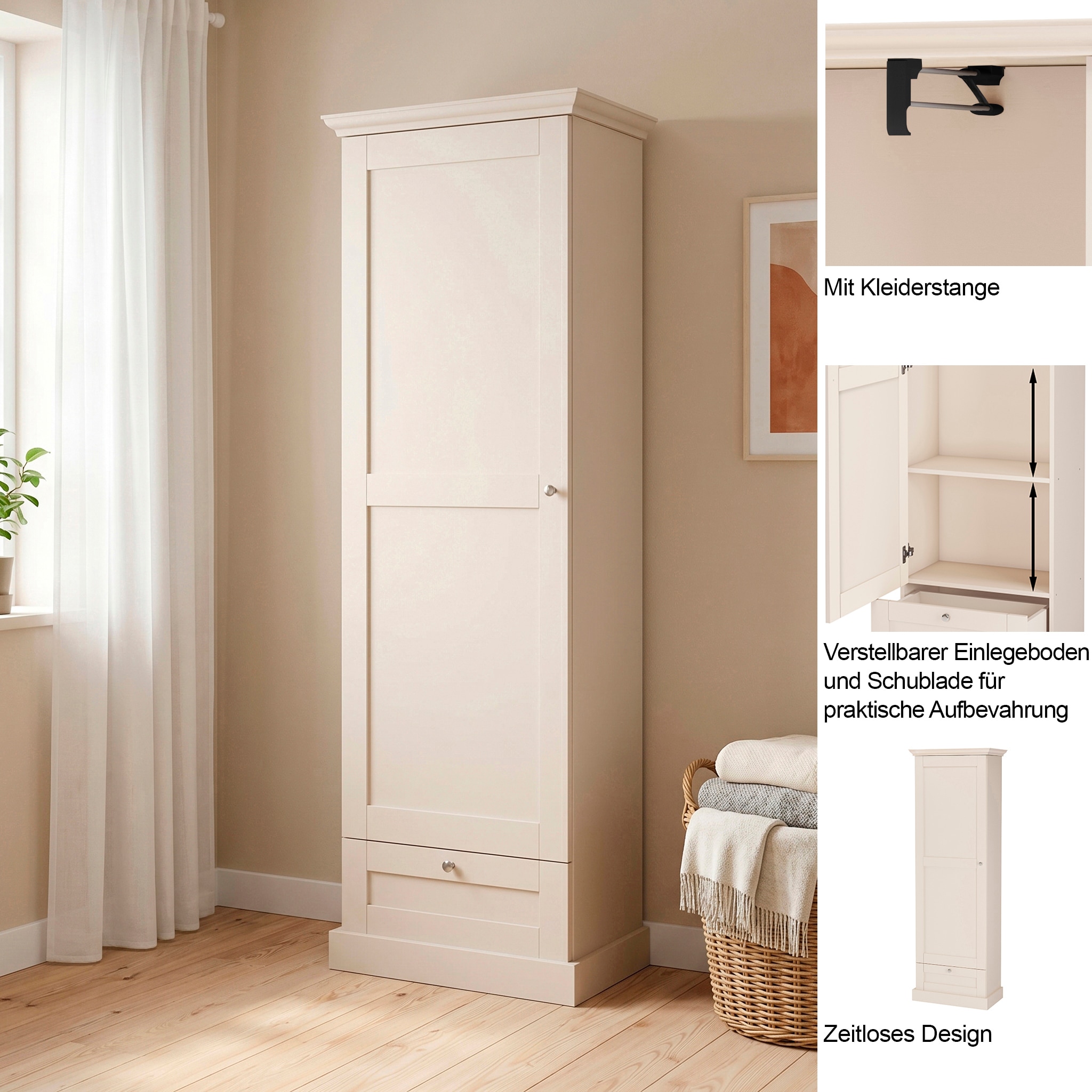 GOODproduct Armoire vestiaire »Binz Flurschrank mit 1 Tür, 1 Schublade und ausziehbare Kleiderstange« Nombreuses possibilités de rangement, poignées en métal, porte avec cadre, hauteur 180 cm