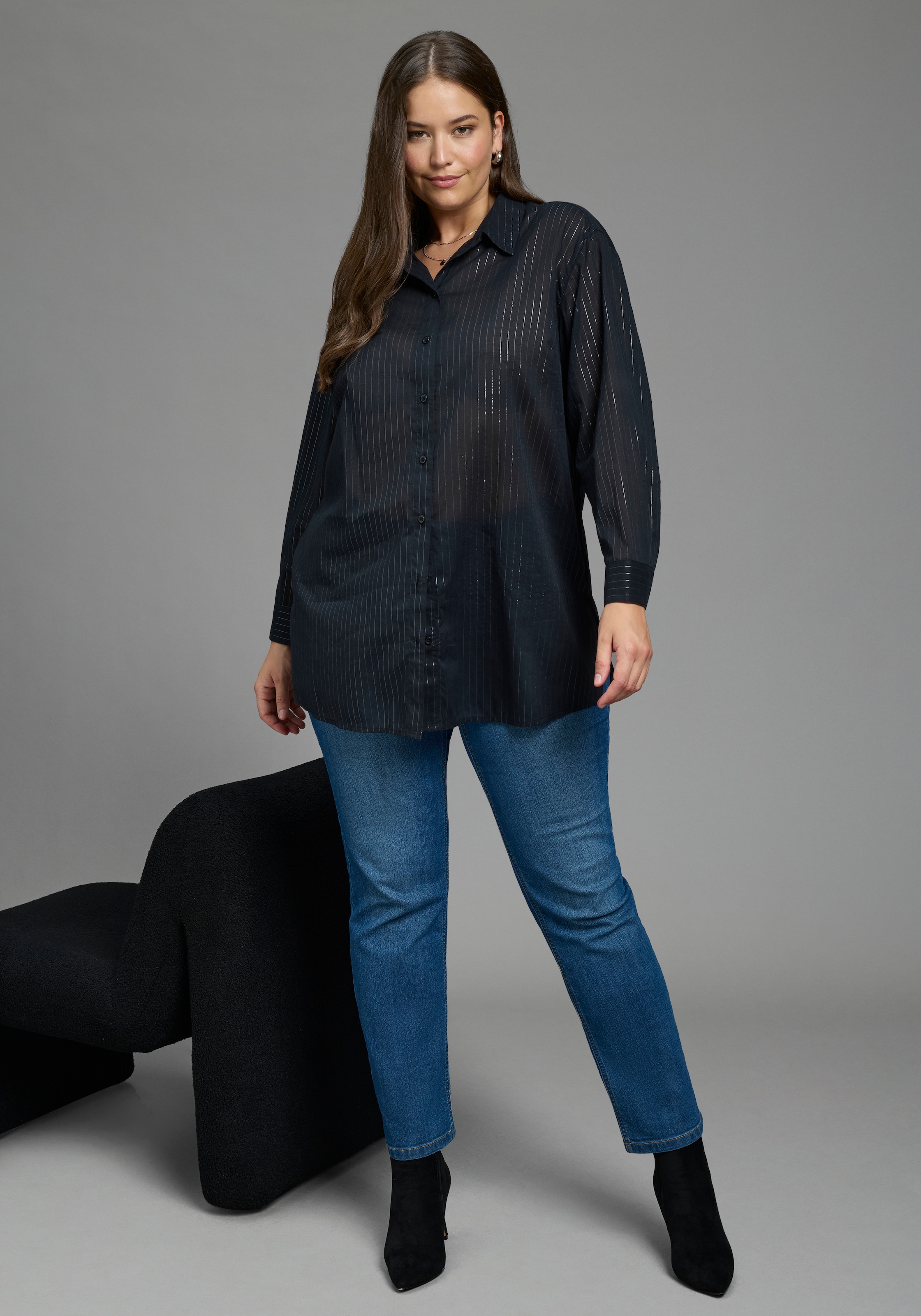 Laura Scott CURVE Klassische Bluse »Grosse Grössen« femininer Stil, aus Baumwolle, mit feinem Nadelstreifenmuster