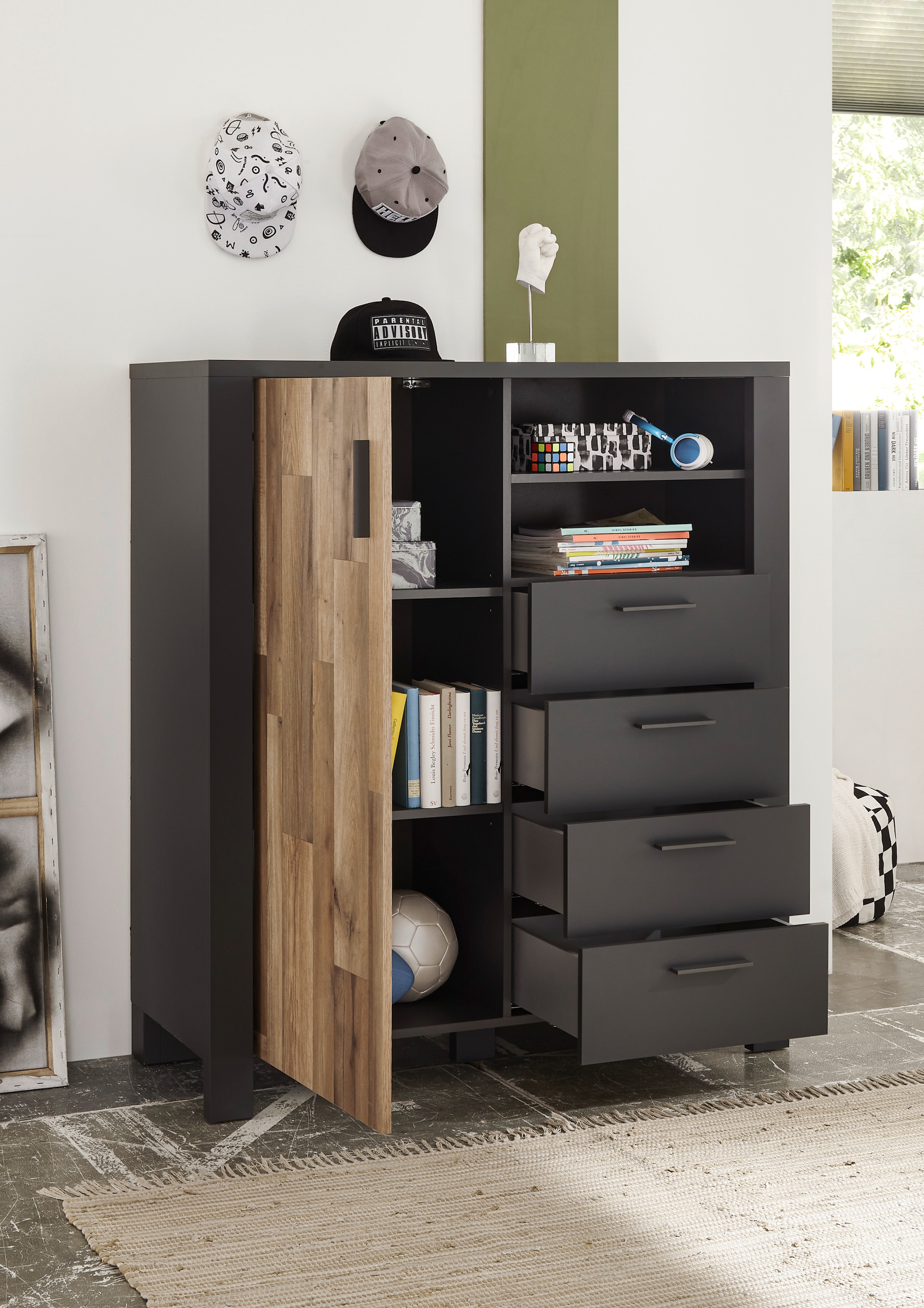 Begabino Schubkastenkommode »Dallas Hochkommode, Sideboard, Wäscheschrank« mit Schubkästen, Schrank in Montana Oak-Graphit