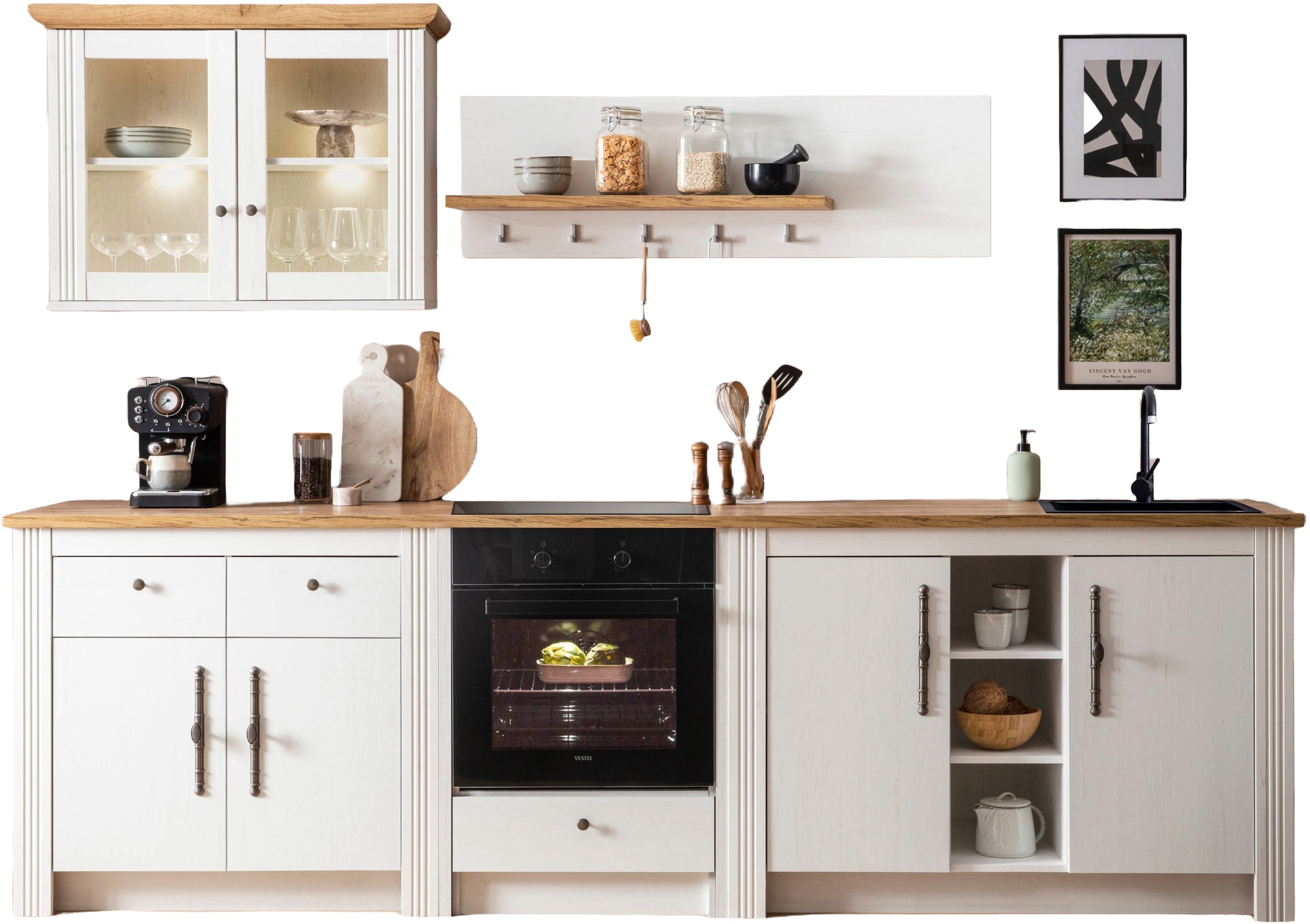 GOODproduct Küchenzeile »KS-Westminster, Pantryküche im Landhaus Stil, hochwertige Metallgriffe« Set,  Breite 294 cm, Kommoden, Wandpaneel, Hängeschrank, Herdumbau