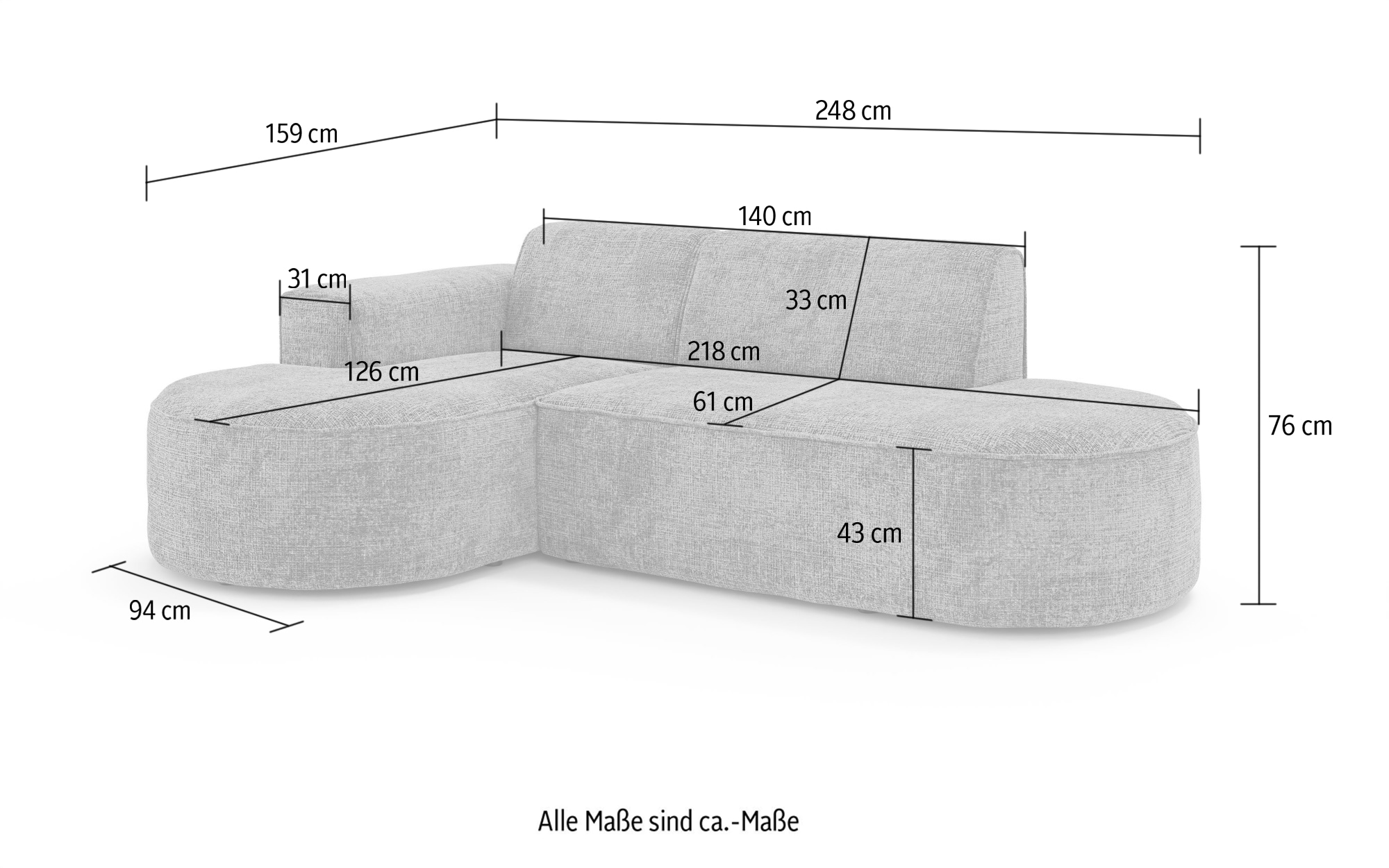 GOODproduct Canapé d'angle »ADELLA Design-Sofa mit Recamiere rechts/links, 248/159/76 cm« L-Form mit Wellenunterfederung, runde Form, auch in Cord