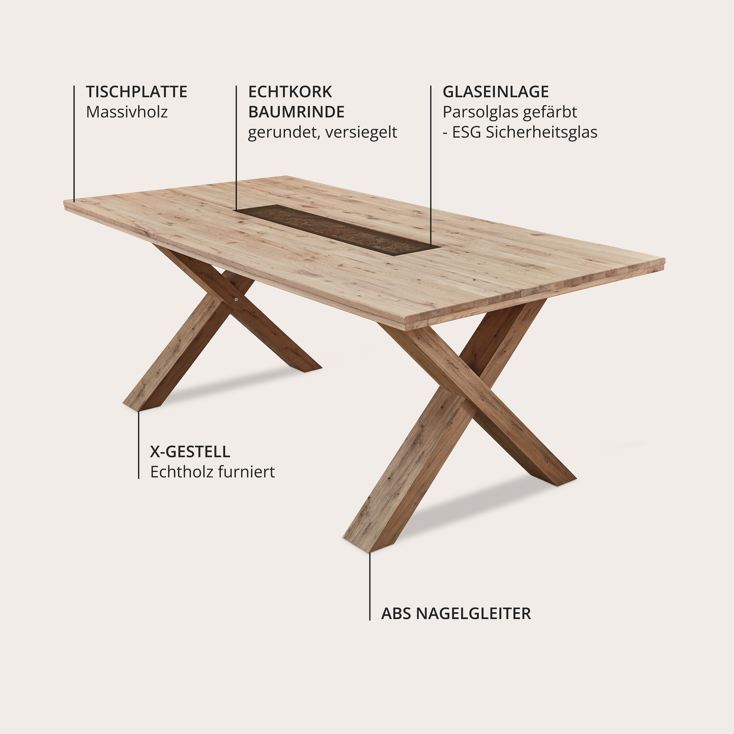 Wohnconcept Table de salle à manger »Donna Esstisch, 200x78x100 (BxHxT)« 1 cuis tlg. Massivholz, Absetzung Echtkork gerundet