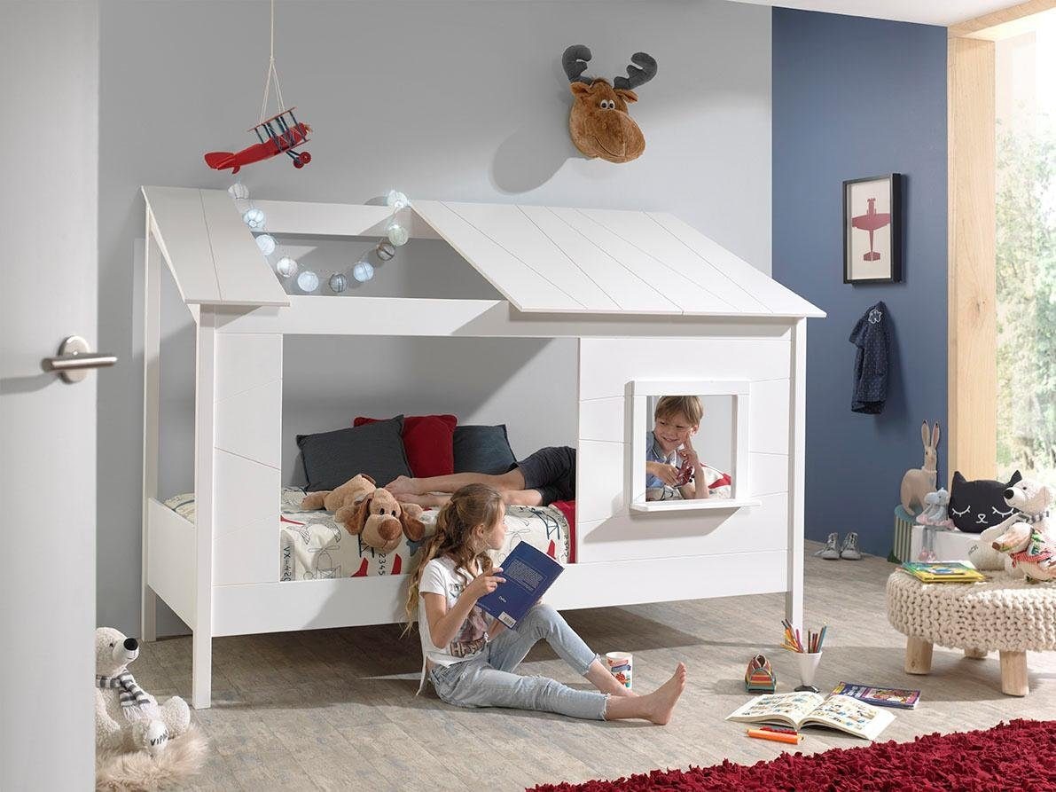Vipack Lit d'enfant »Hausbett, aus MDF und Massivholz weiss lackiert, inkl. Fenster vorne« L/H/P env. 214x158,5x105 cm, ouvert sur les côtés et à l’arrière,  au choix avec ou sans tiroir de lit sur roulettes