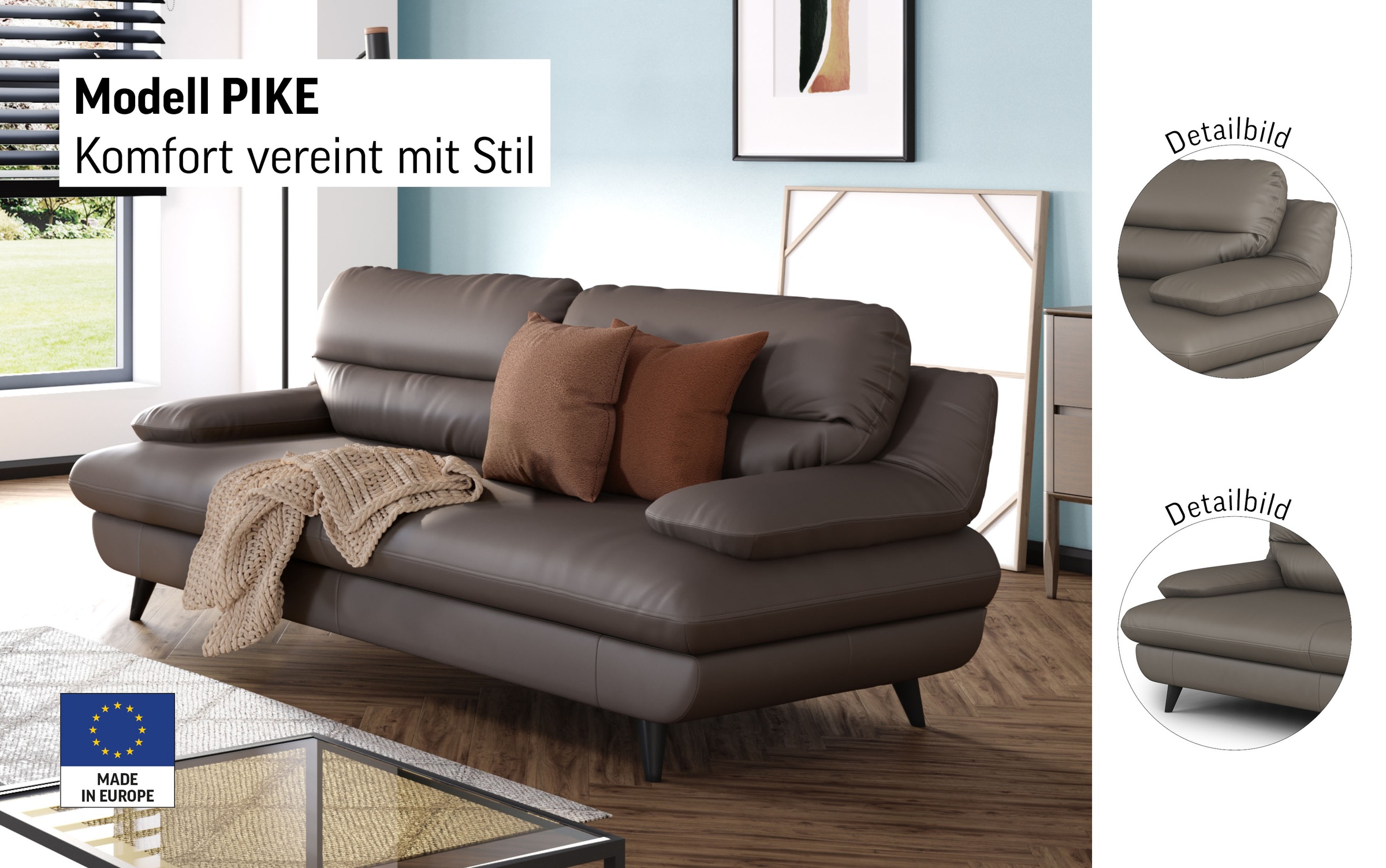 COTTA 3-Sitzer »Pike, B: 218 cm« mit Metallfüsse, wahlweise auch in Echtleder