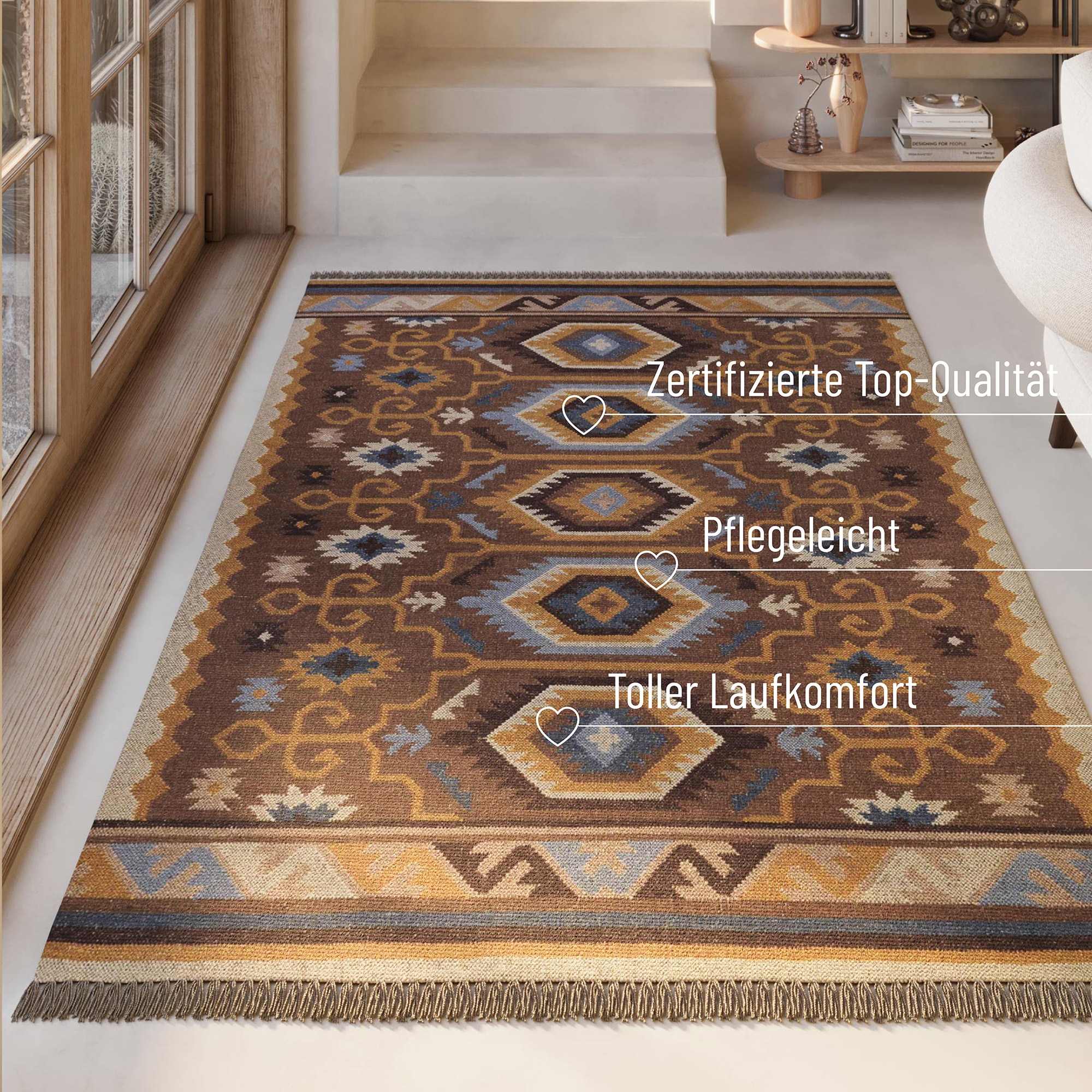 Green Looop Tapis en laine »Valere« Rectangulaire 5 mm Höhe Fransen, Kelim, handgewebt, Natur, Wohnzimmer, Schlafzimmer, Ethno