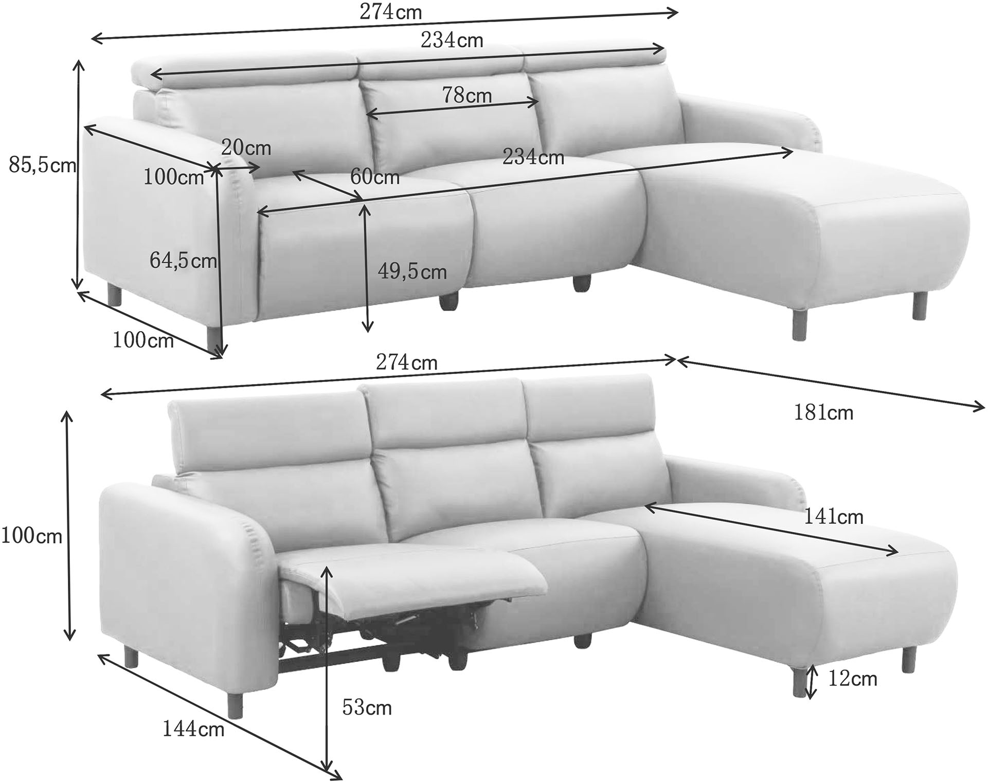 GOODproduct Canapé d'angle »SKAANE Struktur, L-Form, 274 cm, manuelle/elektrische Relaxfunktion,« 274 cm, mit Kopfteilverstellung und man. oder elektr. Relaxfunktion