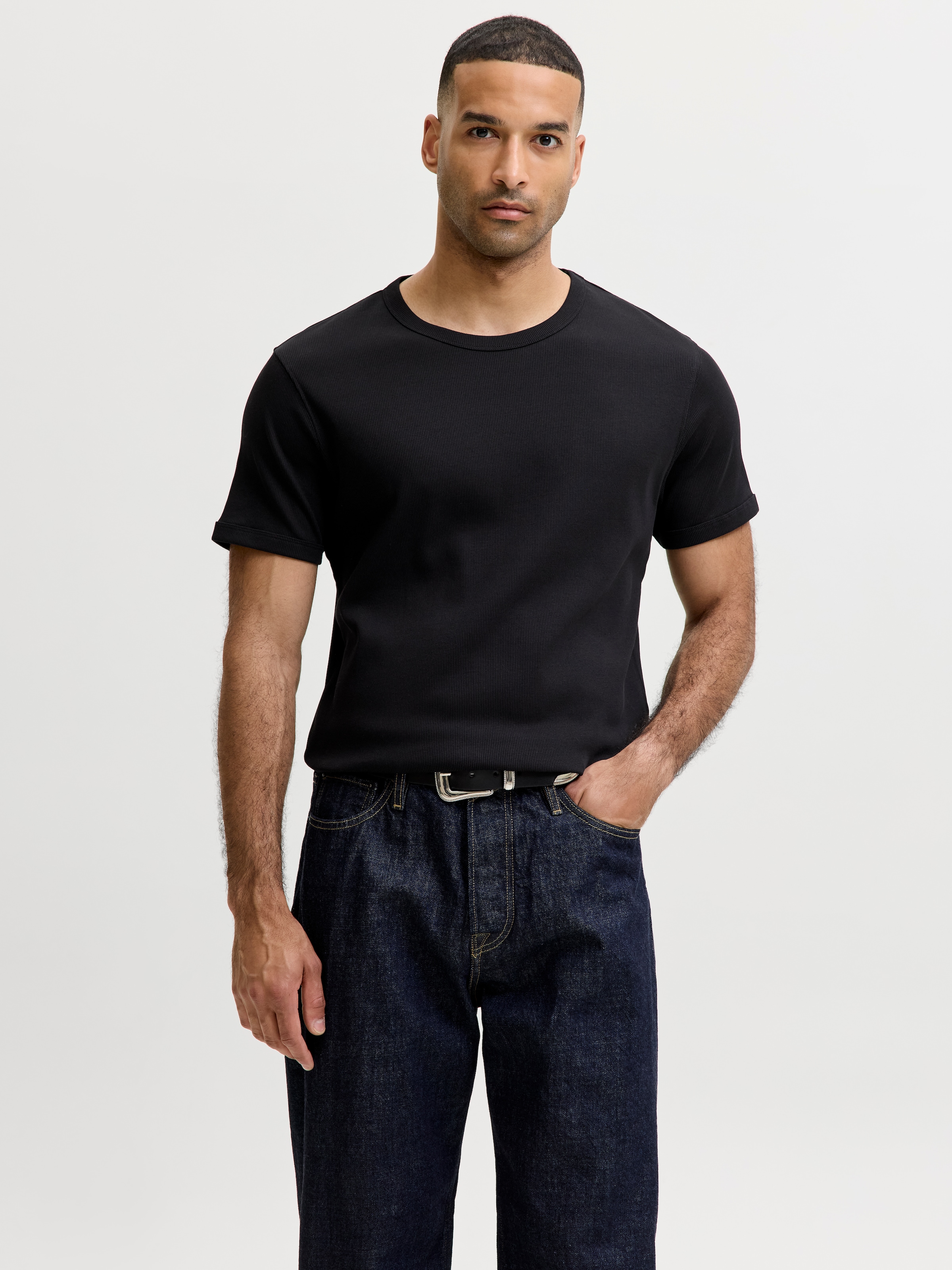 Jack & Jones Shirt à col rond »JJEORGANIC RIB TEE SS CREW NECK 2PK MP« Paquet, 2 Mélange de coton, coupe slim