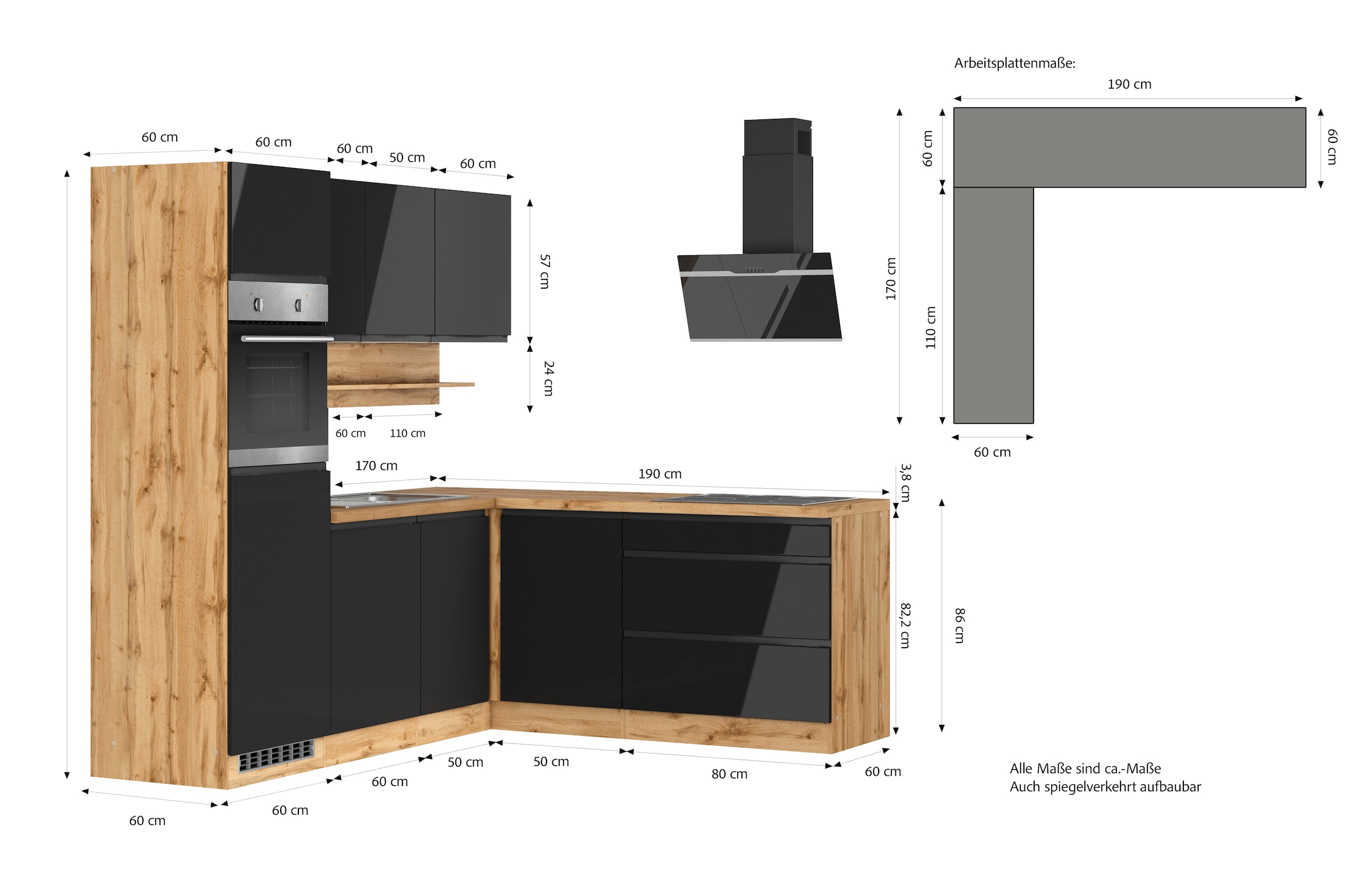 KOCHSTATION Cuisine d'angle »KS-Virginia,neu in verbesserter Ausführung« plan de travail épaisseur 38 mm, rangement, fermeture douce,  largeur réglable 230/190 cm, fermeture douce, avec appareils électriques en option