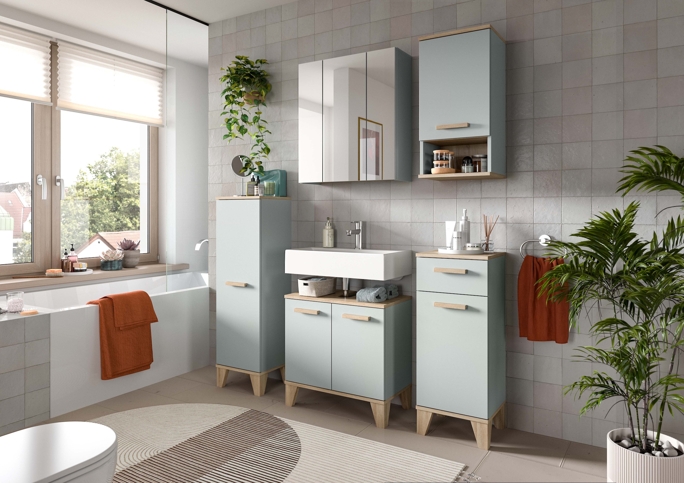 welltime Badmöbel-Set »MINTTU, 4-teilige moderne Badkombination im SCANDI-Look« bestehend aus: Midischrank, WBU, Spiegelschrank, Hängeschrank, 4 Stk. tlg.