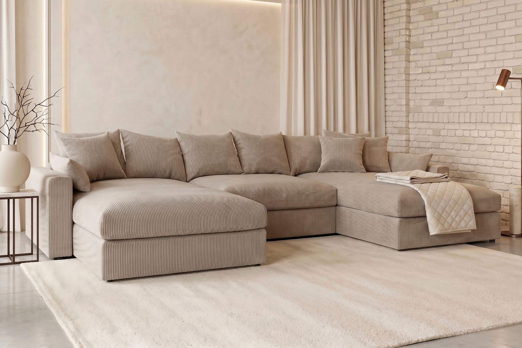 GOODproduct Paysage de salon »Cosy Lounge U-Form, Breite 385 cm« méga canapé recouvert de velours côtelé, avec ressorts et 5 coussins décoratifs