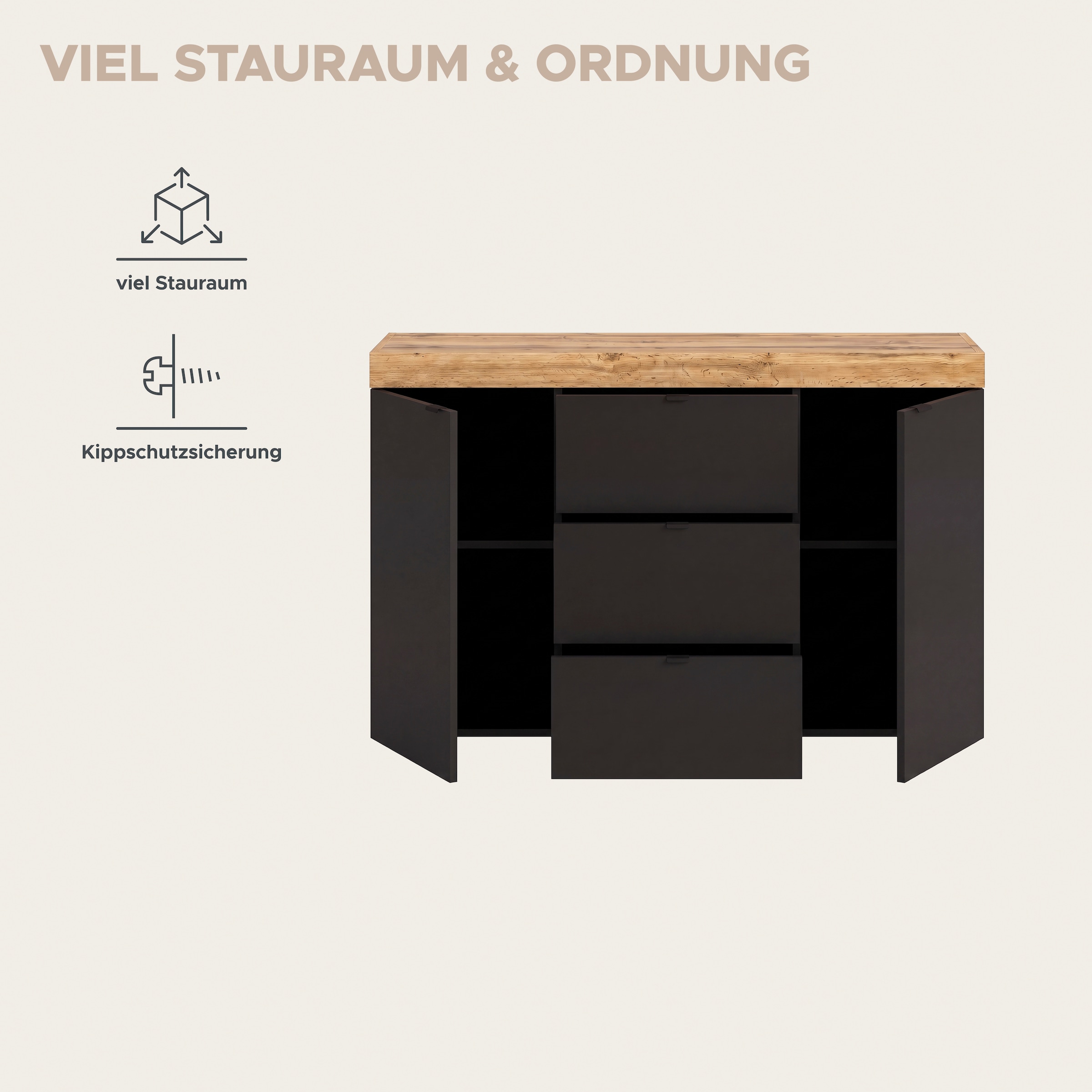 GOODproduct Buffet »MAMBO II, Breite 125 cm, 2 Türen, 3 Schubkästen« 1 cuis tlg. Buffet, commode, salon, couloir, bureau