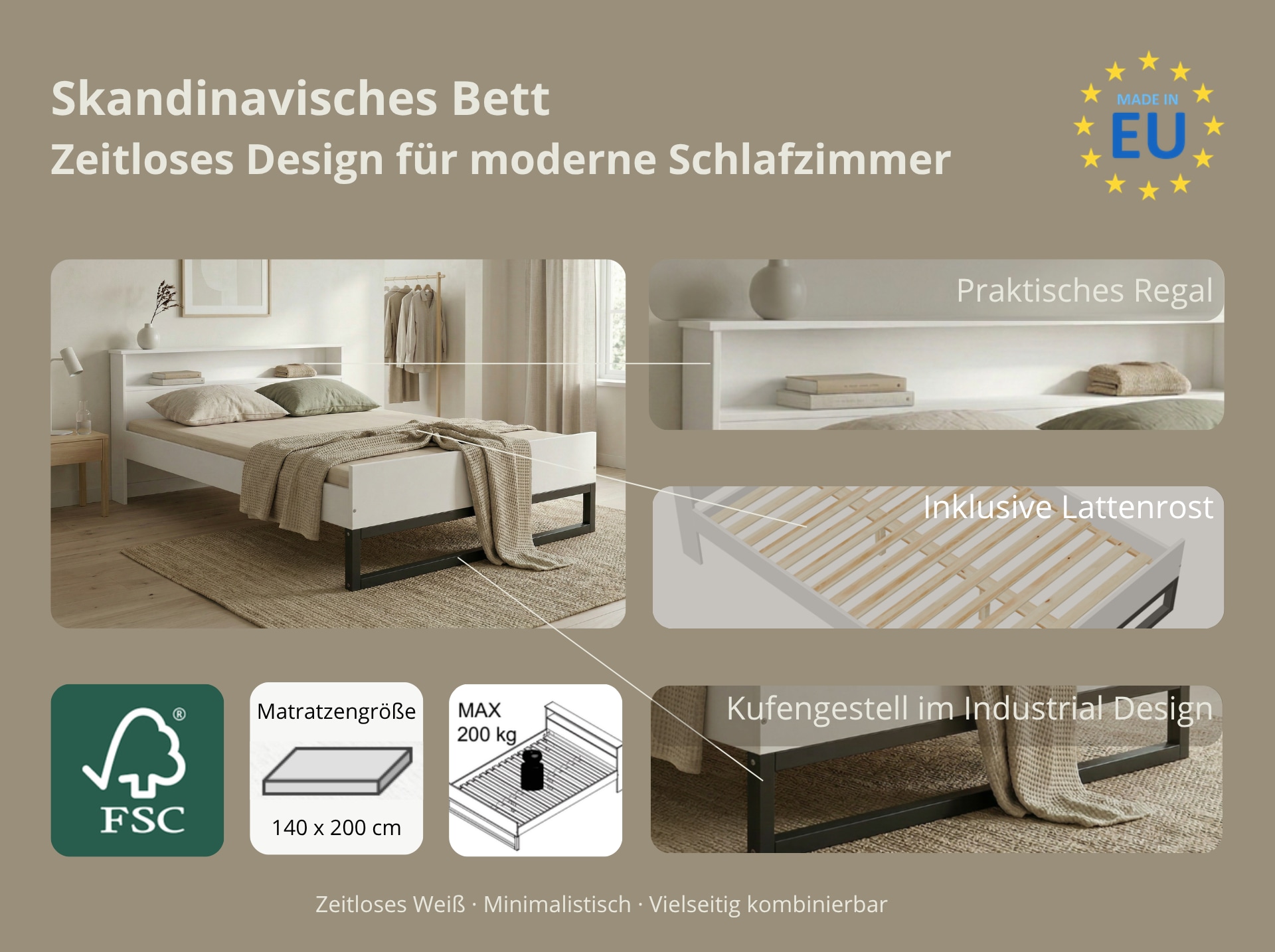 GOODproduct Lit »Pannor, Industrial Design, mit Regal, Lattenrost inklusive« Liegefläche Breite 140 oder 180cm,  Kufengestell, bis 200 kg belastbar, FSC-zertifiziert, Made in EU
