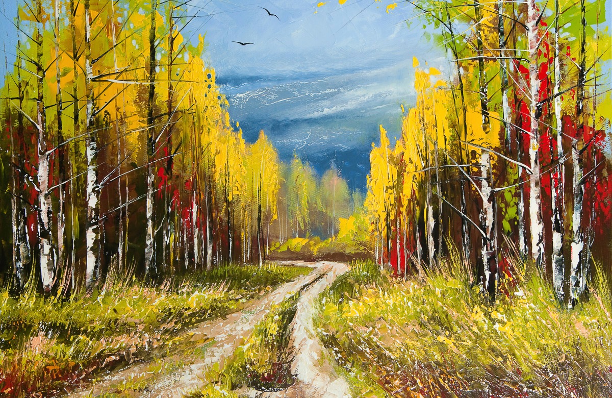 Papermoon Papier peint photo »WALD-WEG-MALEREI HERBST LANDSCHAFT GEBIRGE BLUMEN NATUR«