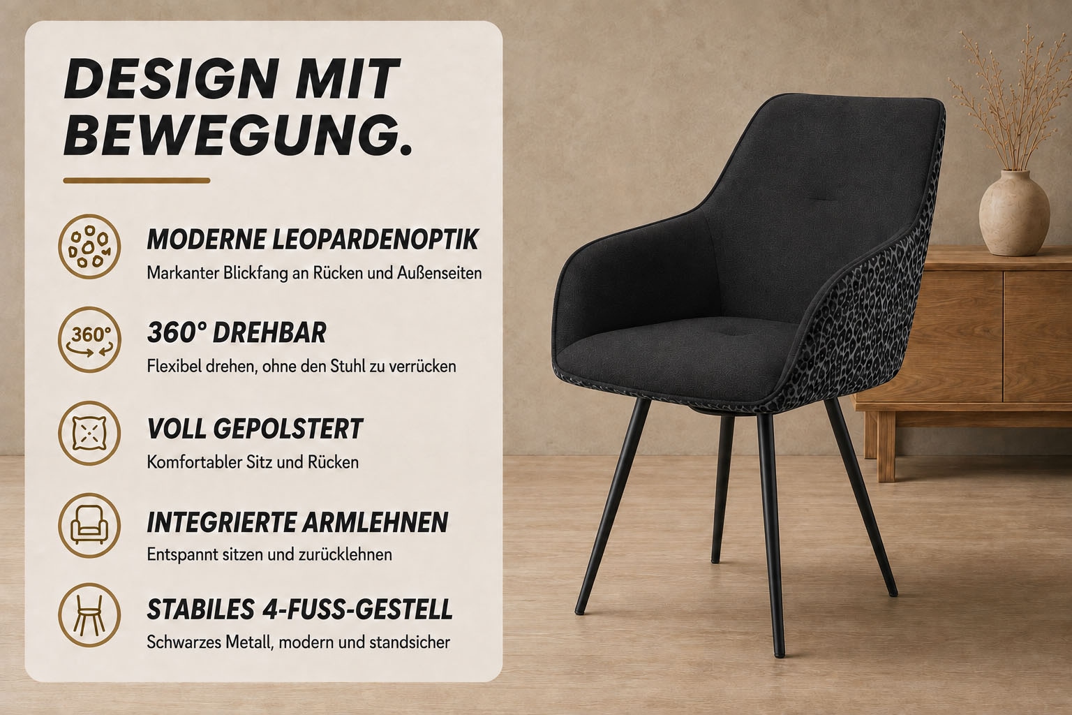 GOODproduct Chaise de salle à manger »Lincoln« (Ensemble) 2 cuismoderner Stuhl mit Leopardenlook, Webstoff und 360°-Drehfunktion