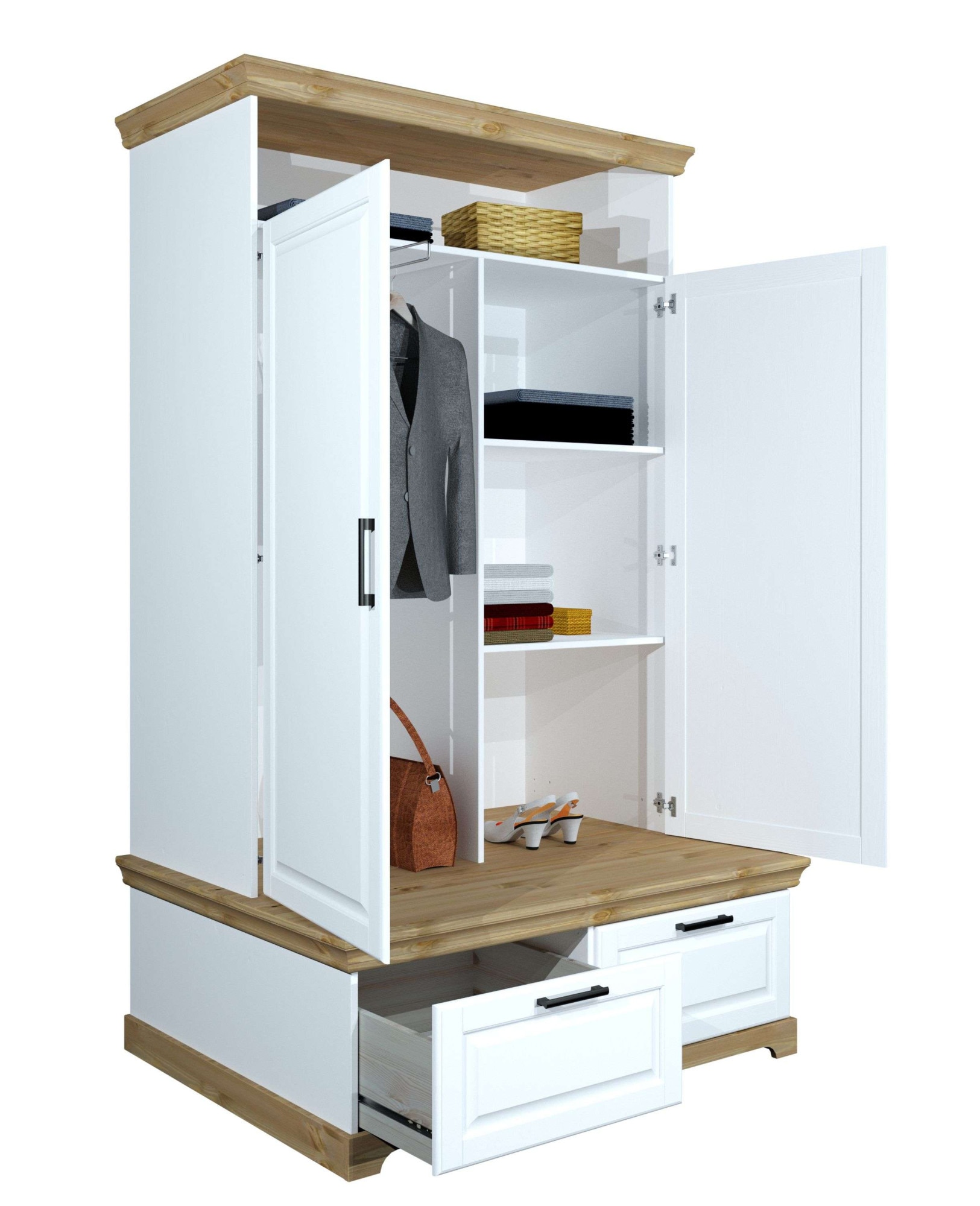 GOODproduct Armoires à vêtements »Rügen Garderobenschrank, Drehtürenschrank, Schrank« FSC® zertifizierte massive Kiefer, Breite 127 cm, integrierte Bank