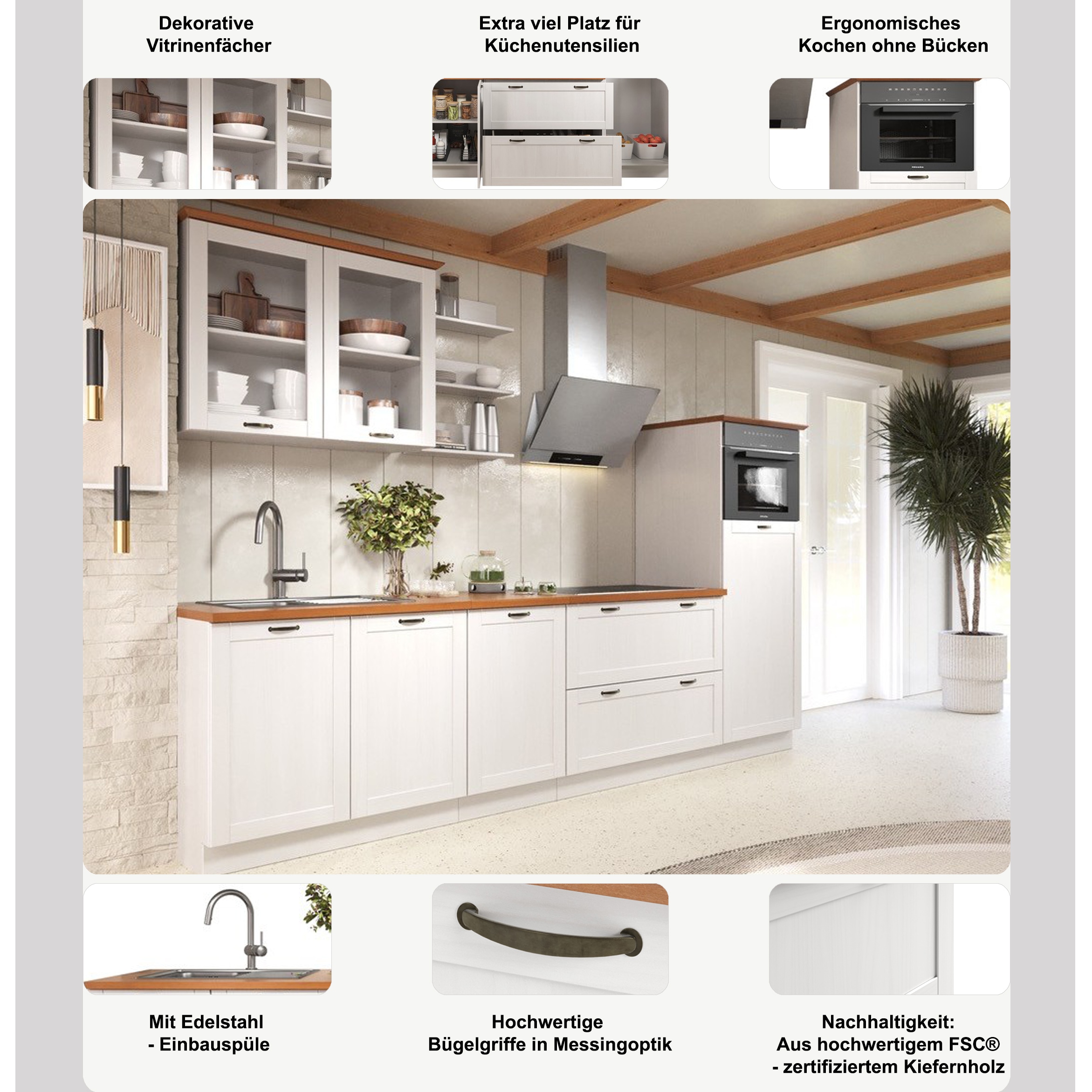 Home affaire Kitchenette »Teramo« Set, Kombinierbar mit anderen Möbelstücken der Serie Teramo,  Breite 315 cm, Kiefer massiv, mit Arbeitsplatte