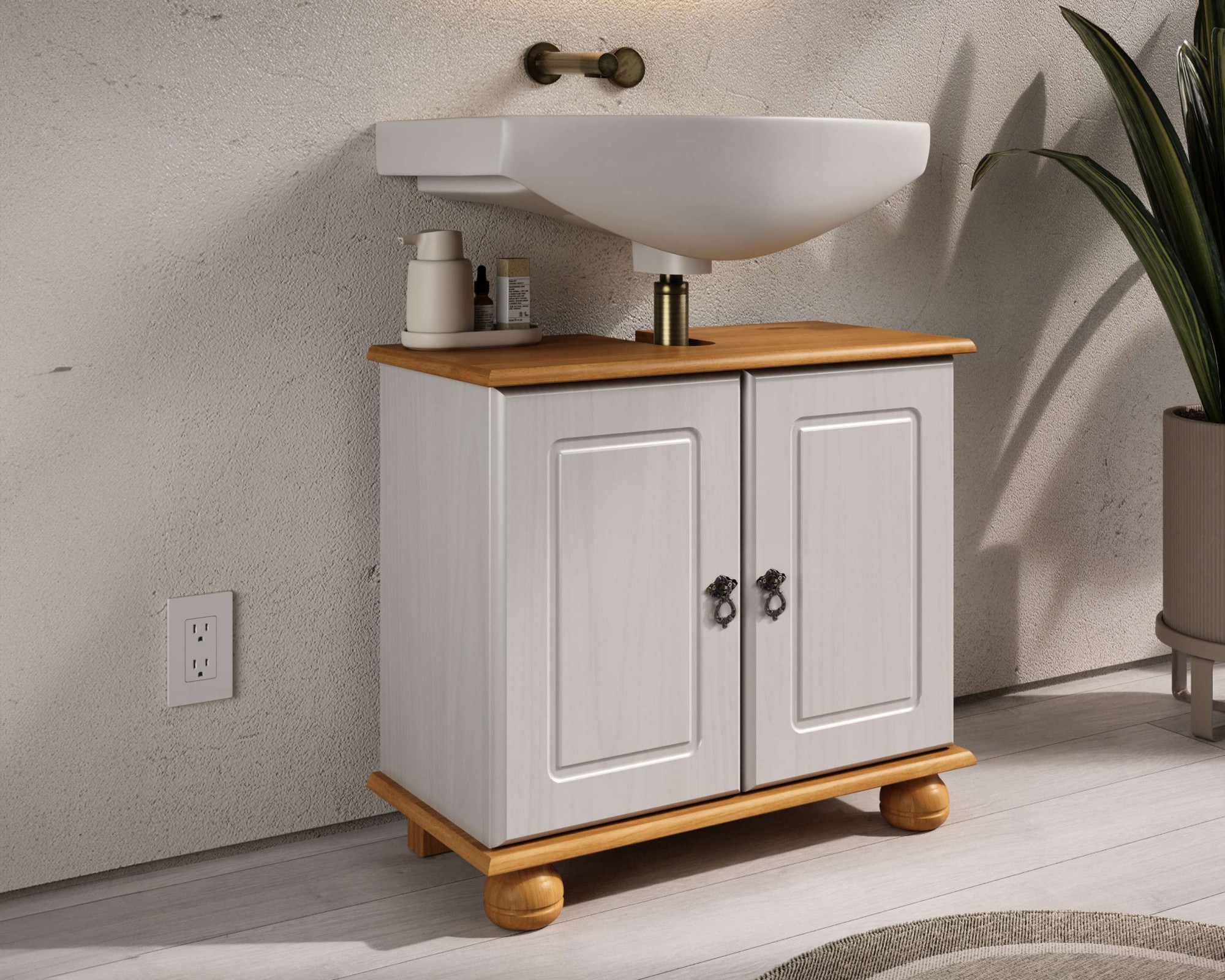 GOODproduct Waschbeckenunterschrank »Finca« aus massivem Kiefernholz, Siphonausschnitt, Breite 62 cm, Höhe 55 cm
