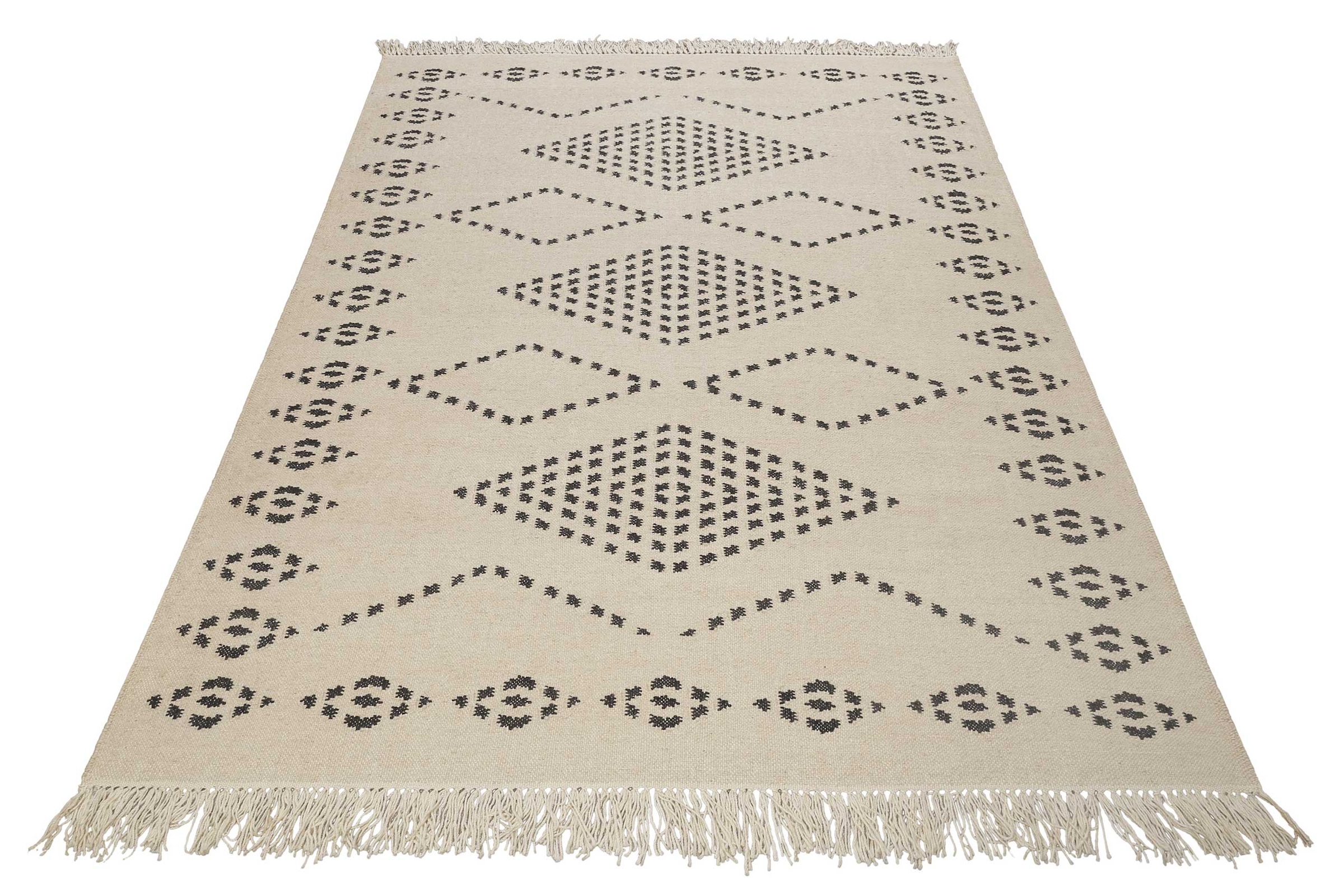 Green Looop Tapis en laine »Belmont« Rectangulaire 5 mm Höhe Fransen, Kelim, handgewebt, Natur, Wohnzimmer, Schlafzimmer, Raute