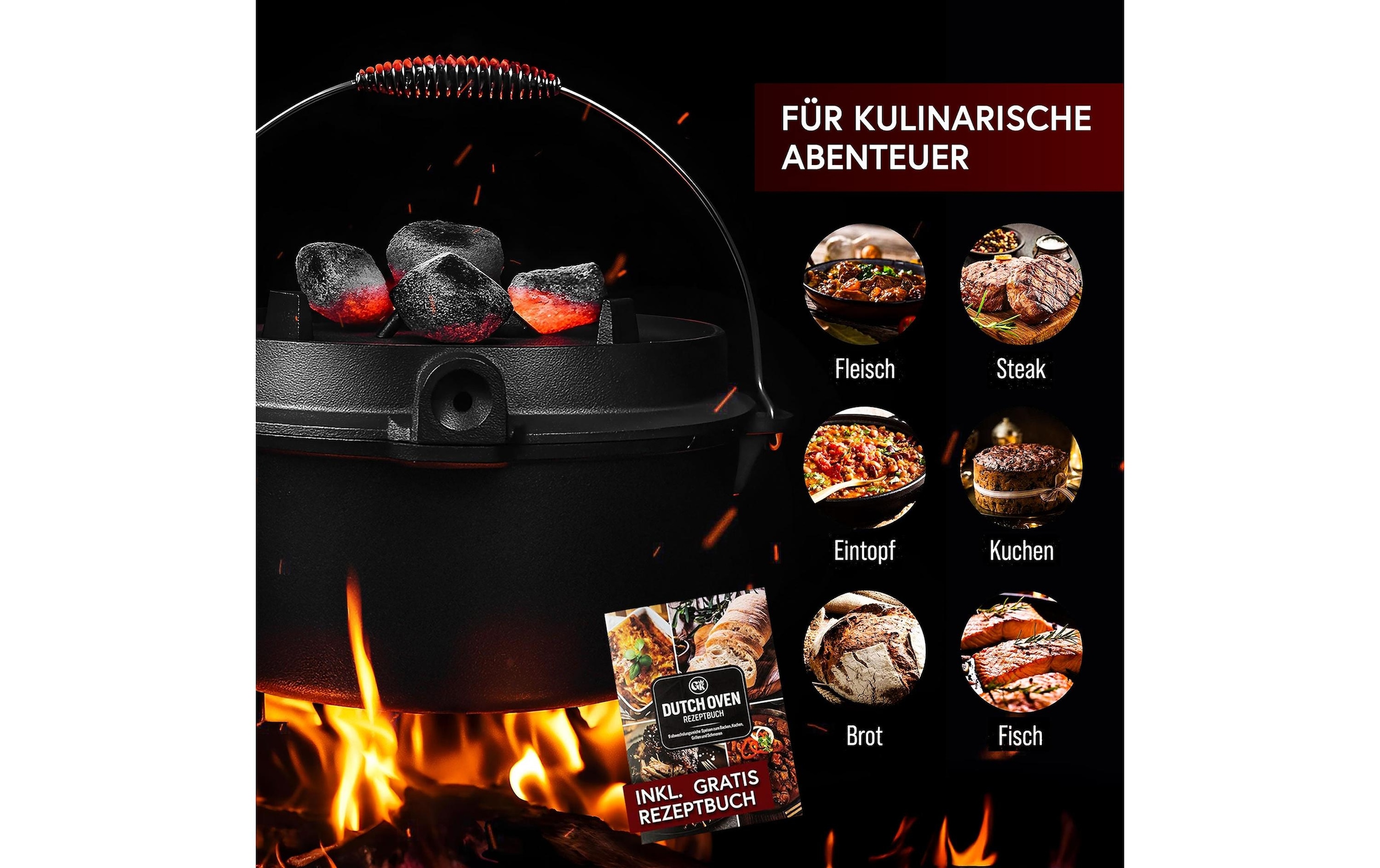   Grilltopf »Gusskoenig Dutch Oven Set 9 l mit Heber, Bürste, Untersetzer« Gusseisen Set mit 2in1 Deckelheber, Reinigungsbürste und Untersetzer