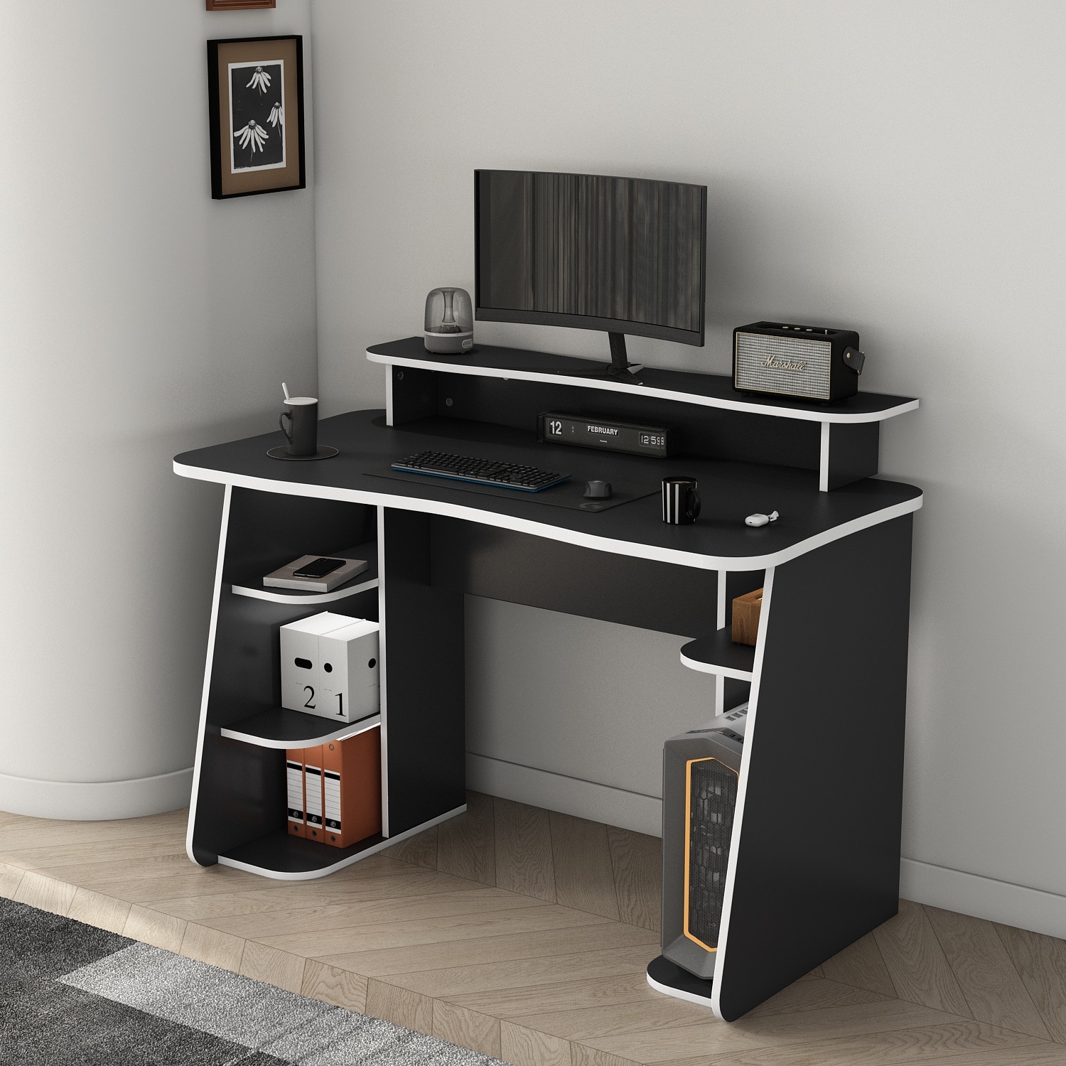 GOODproduct Gamingtisch »GAME, Computertisch, Schreibtisch, Towerfach, Monitoraufsatz,« ergonomisch geschwungene Tischplatte, Breite 120 oder 150 cm