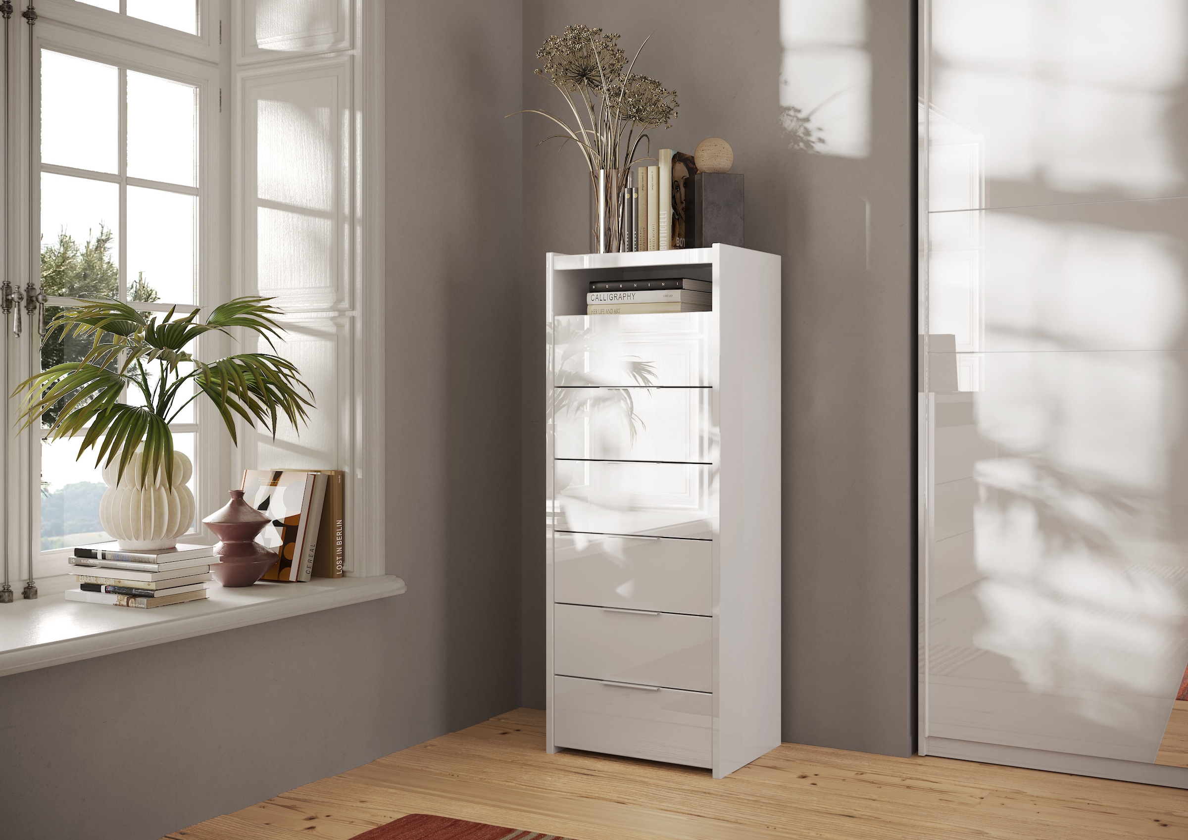 INOSIGN Commode »Malmo, Schubkastenkommode B/T/H 52/40/135 cm, mit 6 Schubkästen,« offene Ablage, Top 22 mm stark, Metallgriff, Weiss Hochglanz Lack