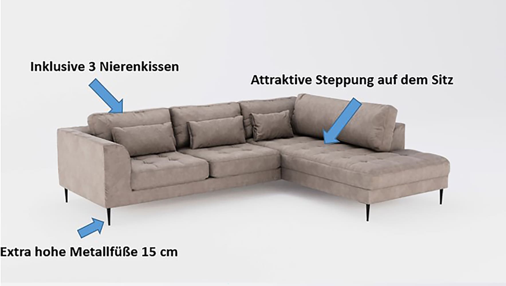 TRENDMANUFAKTUR Canapé d'angle »Luzi, wahlweise mit Schlaffunktion und Bettkasten, gemütlich, L-Form« canapé design avec ottomane, pieds en métal noirs, largeur 264 cm