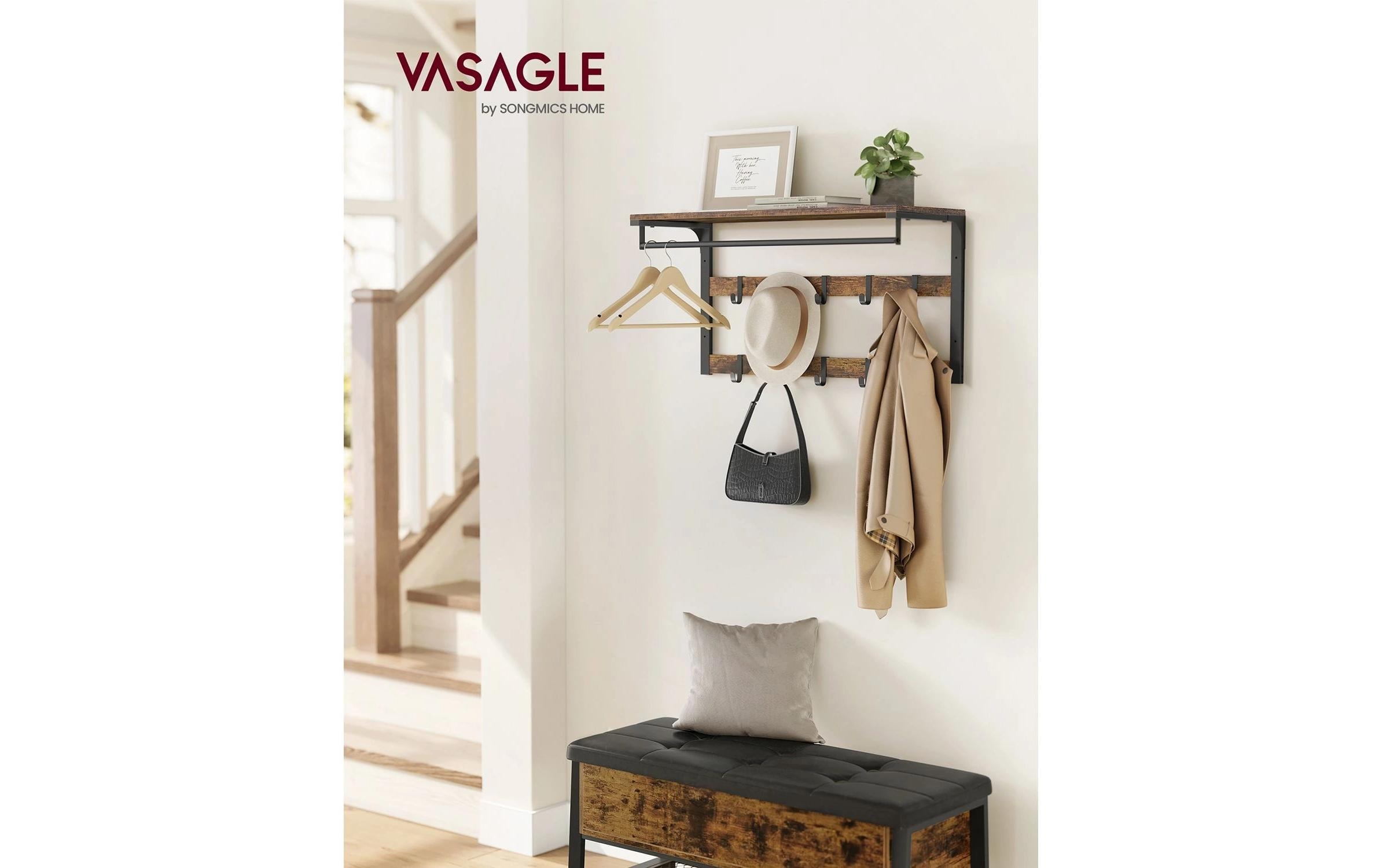 VASAGLE Porte-manteau mural »im Industriestil mit Ablage 80 x 30 x 45 cm« Wandregal mit Kleiderstange und 10 Haken