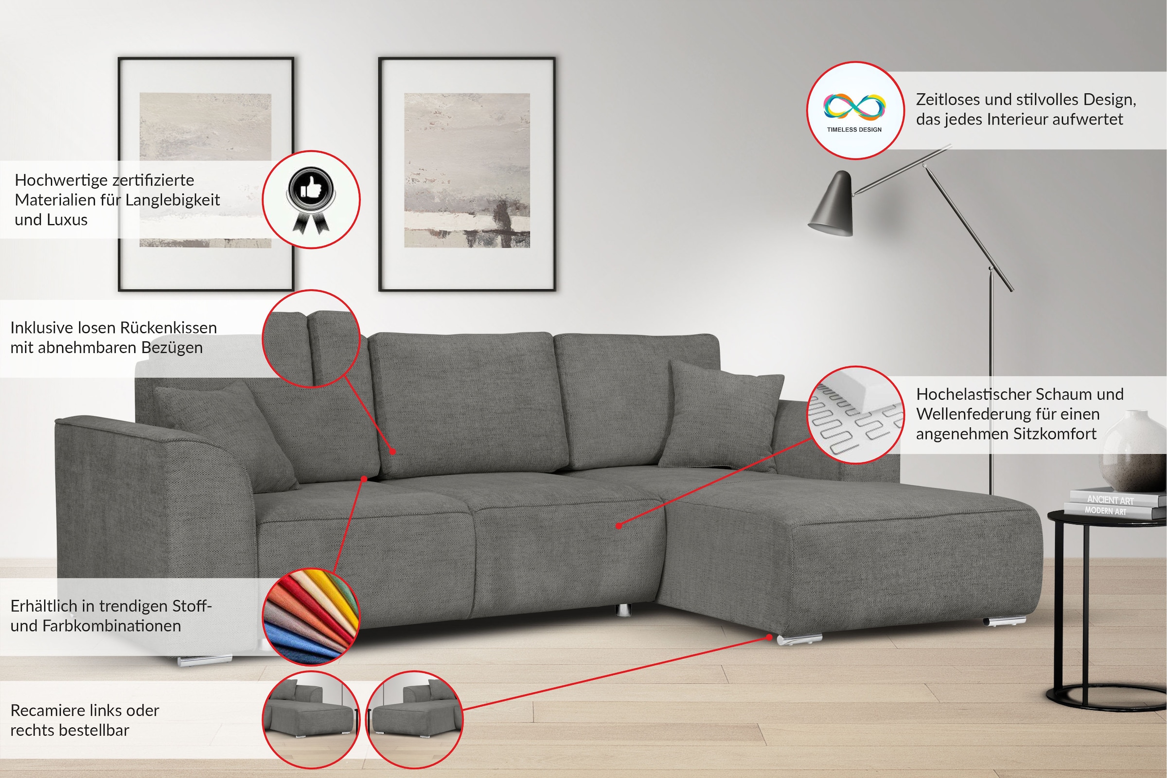 GOODproduct Ecksofa »BEATRICE optionale Schlafsofa mit Bettkasten, B/T/H: 265/170/86 cm« L-Form, wahlweise auch mit Bettfunktion und Bettkasten