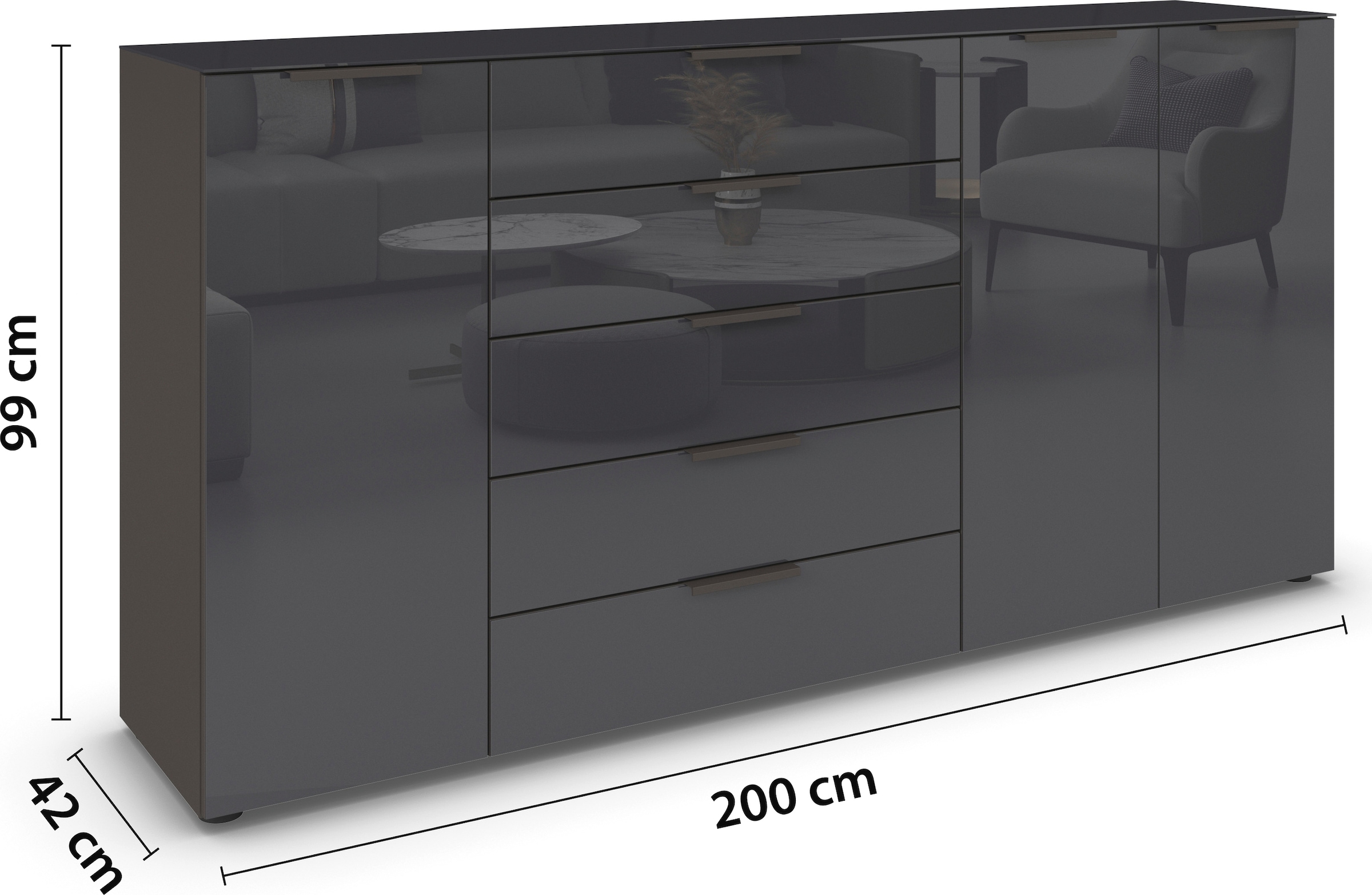 rauch Kombikommode »Kommode Türkommode Sideboard Kombikommode FLIPP mit Glasfront« Breite 200 cm mit 4 Einlegeböden,  3-türig, 5 Schubladen, Soft-Close-Funktion, Oberboden und Front Glas