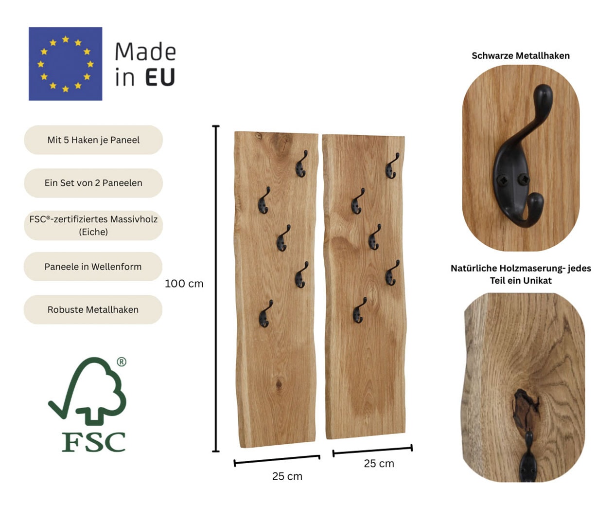 Home affaire Panneau de vestiaire »Brodi« Masse pro Paneel (B/T/H): 25/2/100 cm,  aus massiver Eiche in Wellenform, 2er-Set mit je 5 Metallhaken