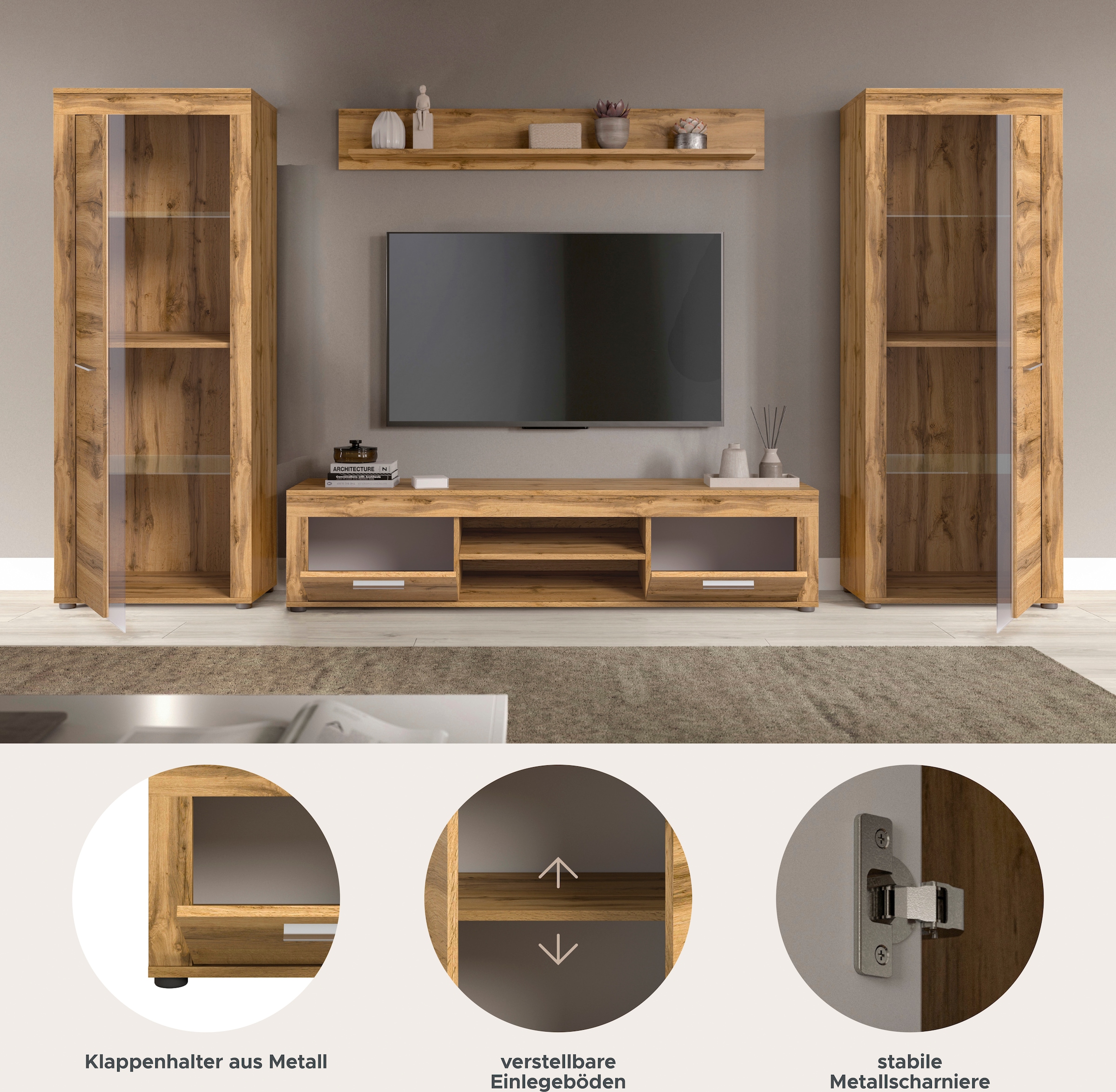 Home affaire Meuble mural »AOSTA, Breite 310cm, 4-teilige Wohn-Kombination« bestehend aus: 2x Vitrine, Lowboard, Wandboard, 