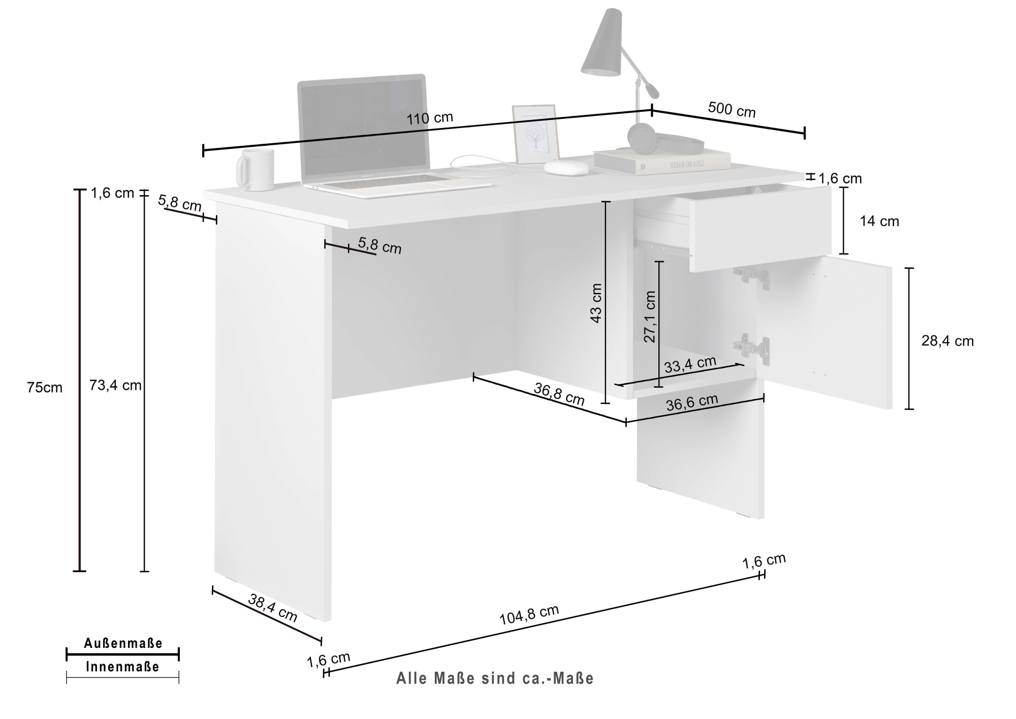 Home affaire Bureau »Sunrise, kleiner Computertisch, Bürotisch« mit 1 Tür & 1 Schublade, Tischplatte Breite 110 cm, Made in Italy