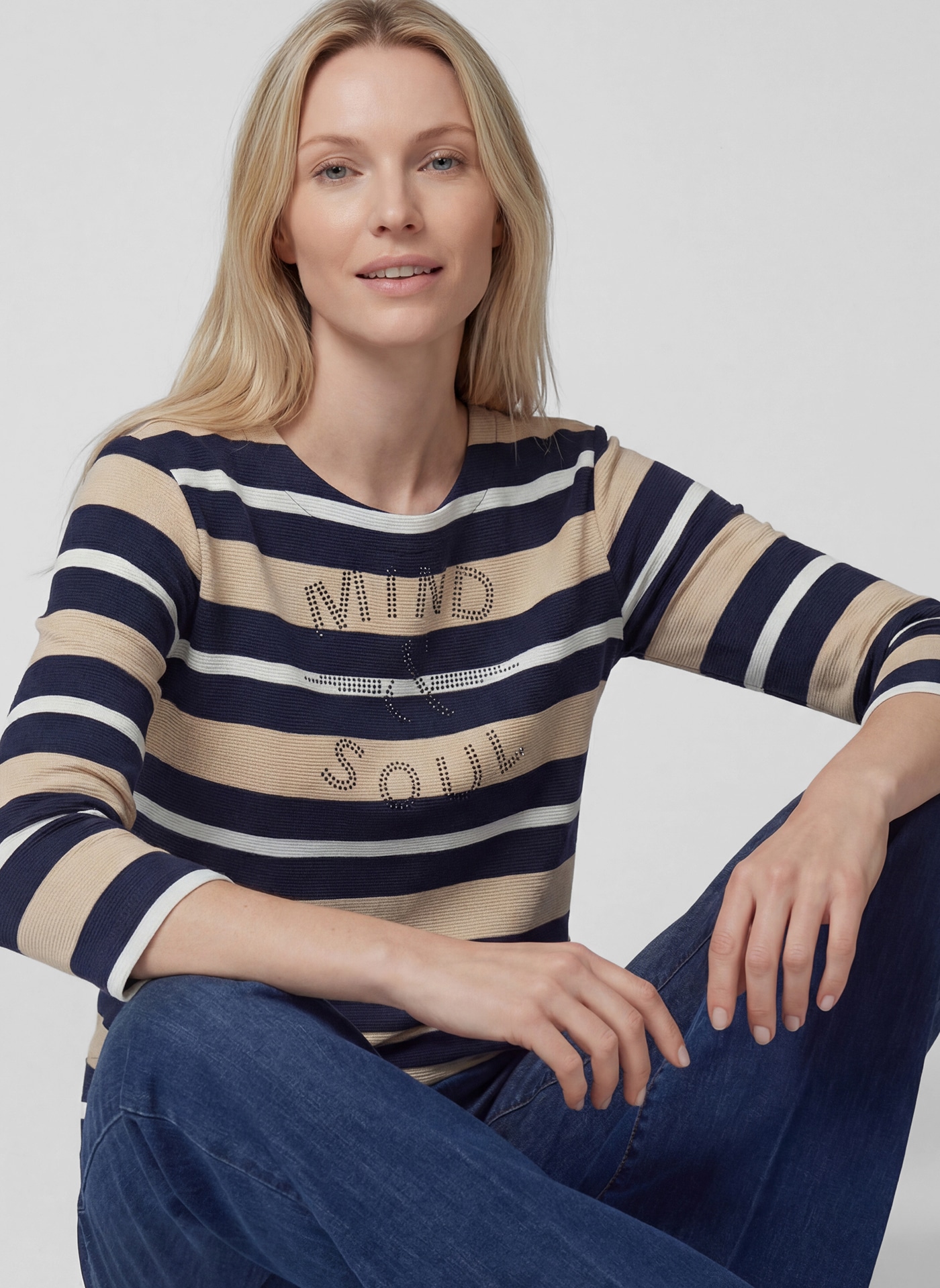 Rabe T-shirt à manches 3/4 im Streifen-Look und mit Glitzersteinen