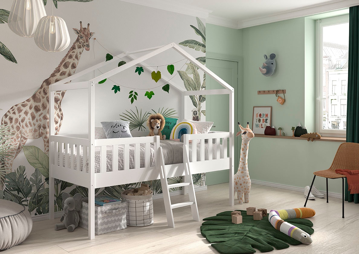 Vipack Hausbett »Kiefer massiv weiss lackiert, Made in Europe, stabil gebaut« B/H/T ca. 213x201,8cm, wahlweise mit und ohne Rutsche,  mit Leiter, offenem Dach, Rolllattenrost und Absturzschutz