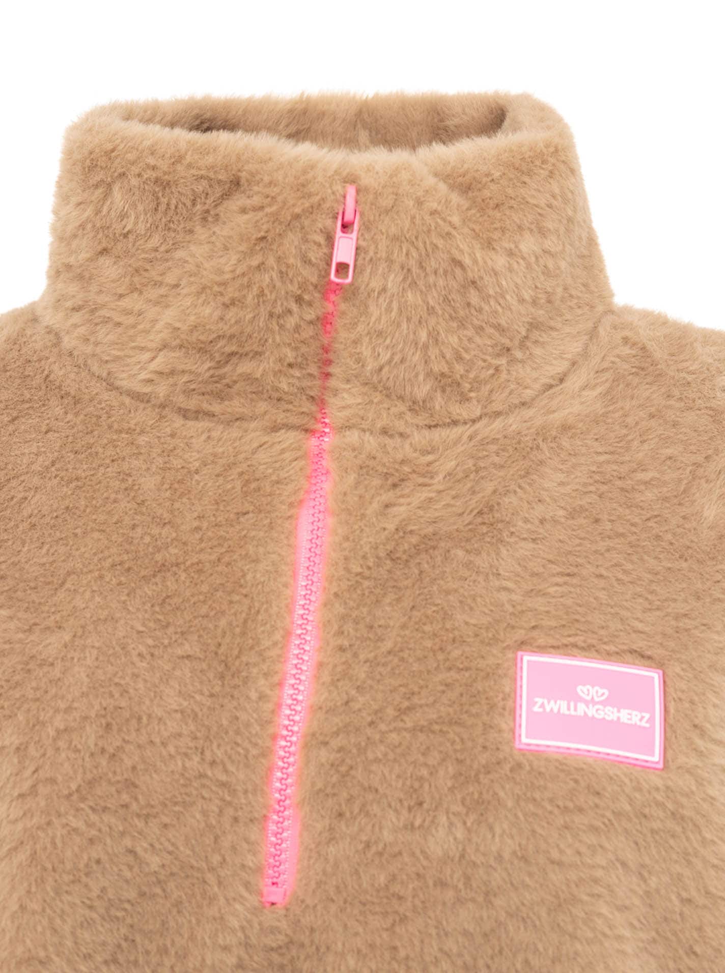 Zwillingsherz Troyer »"ZH"« Aspect fausse fourrure, col montant avec fermeture éclair rose et patch