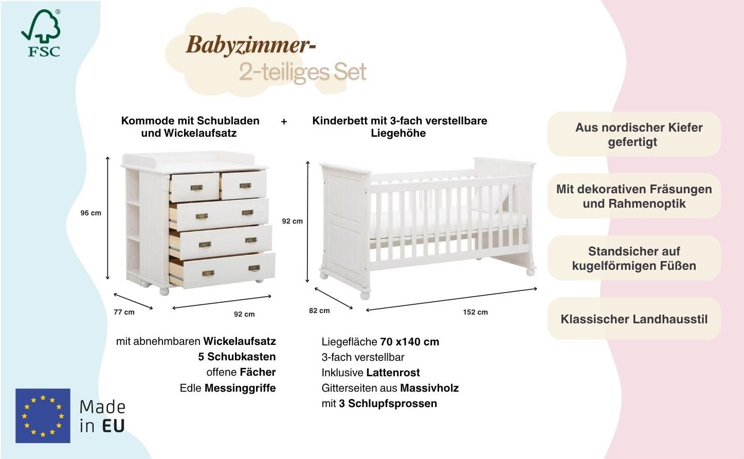 GOODproduct Set complet pour chambre de bébé »Aimo, luxoriöser Landhausstil, Messinggriffe,« Spar-Set, Kinderbett, Wickelkommode, Unterbauregal, 5 Schubladen, 3 cuis tlg. aus Massivholz; FSC®-Holz aus gewissenhaft bewirtschafteten Wäldern