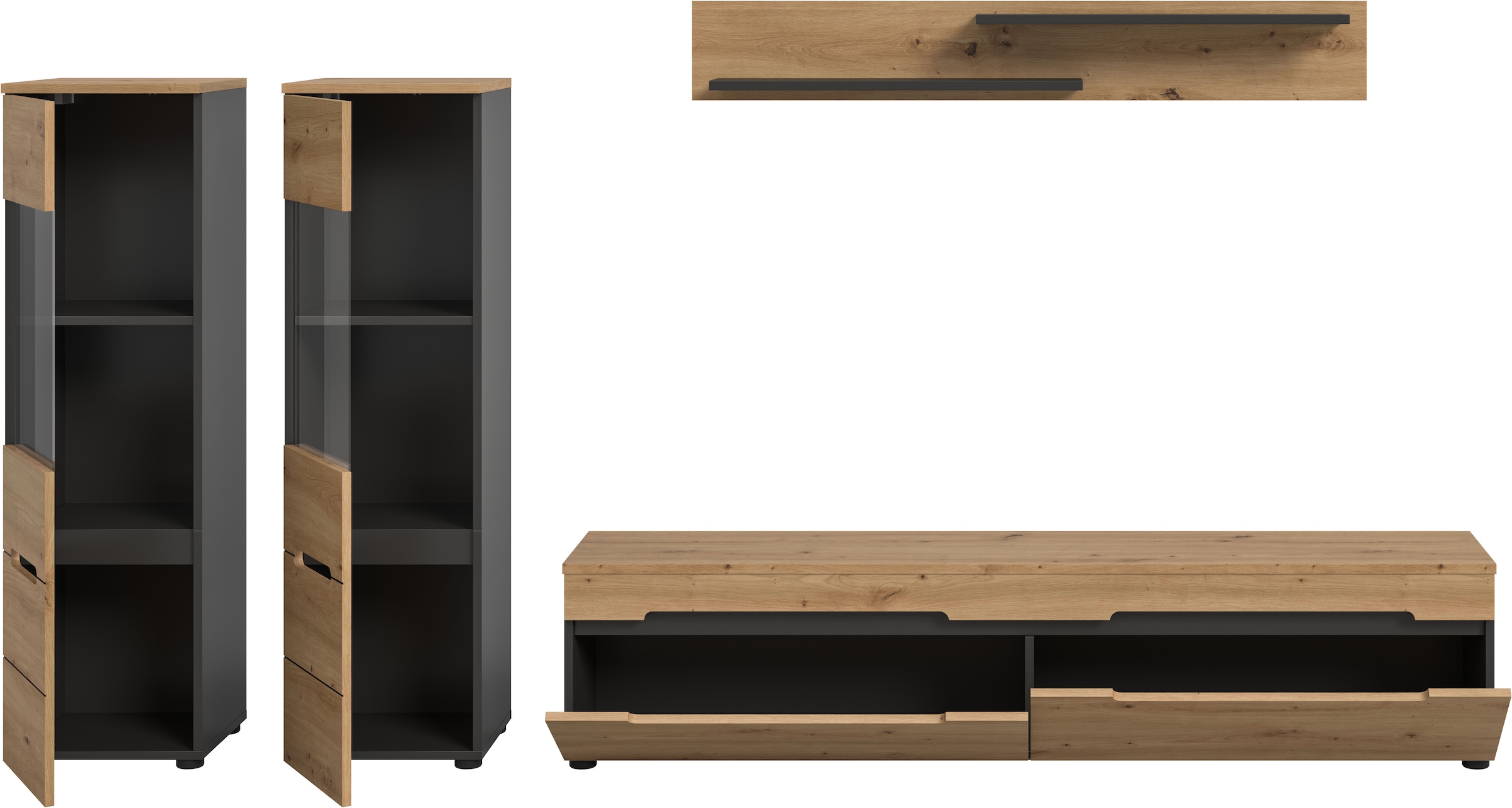Home affaire Wohnwand »REHAT, 4-teilig, wahlweise stehend und hängend montierbar« Set bestehend aus: 2x Vitrine, Lowboard und Wandboard, 3 Stk. tlg.