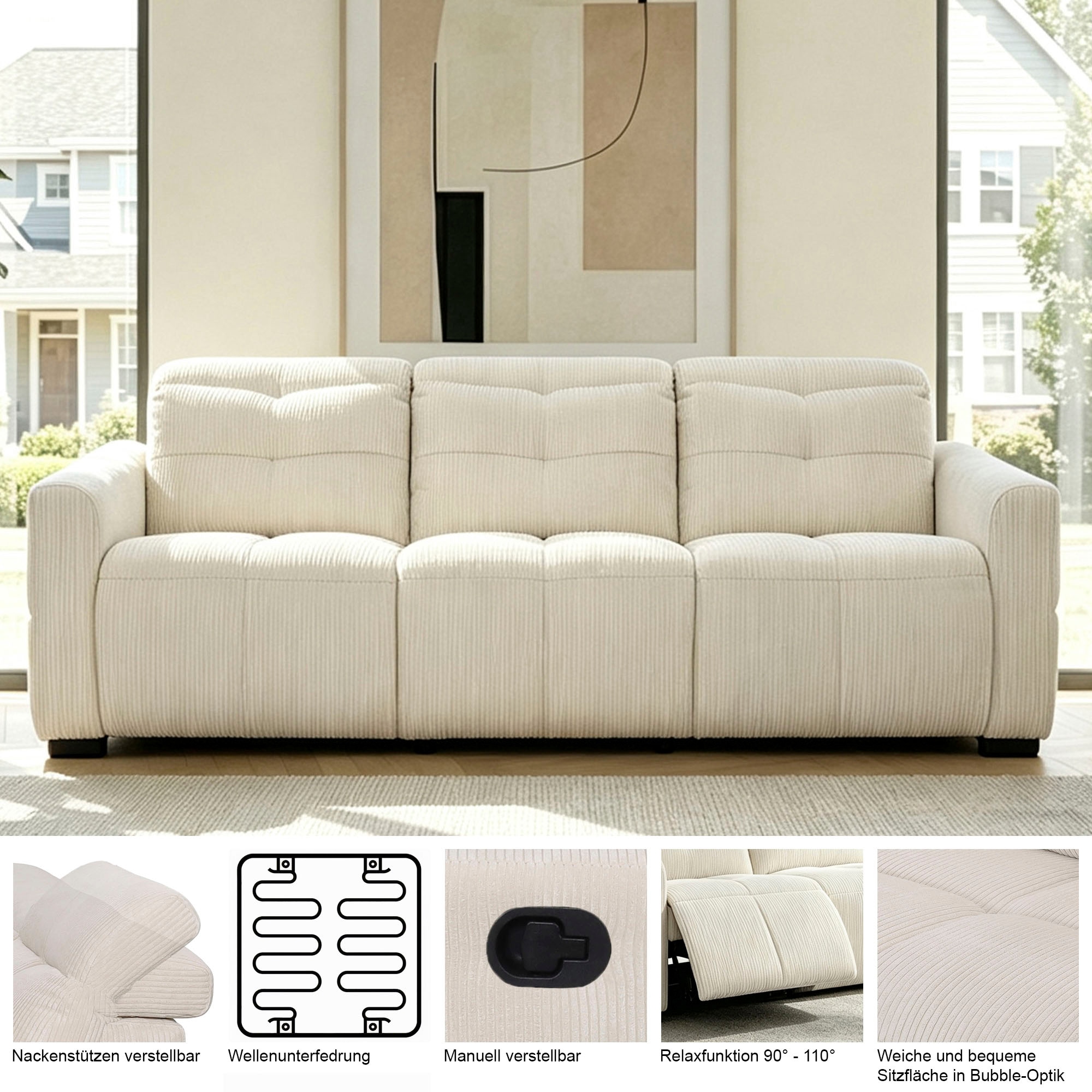 GOODproduct 3-places »CAARLA Cord, Sofa, 224 cm, man. oder elektr. Relaxfunktion (USB-A/C)« avec USB-A et USB-C en version électrique, réglage de la tête
