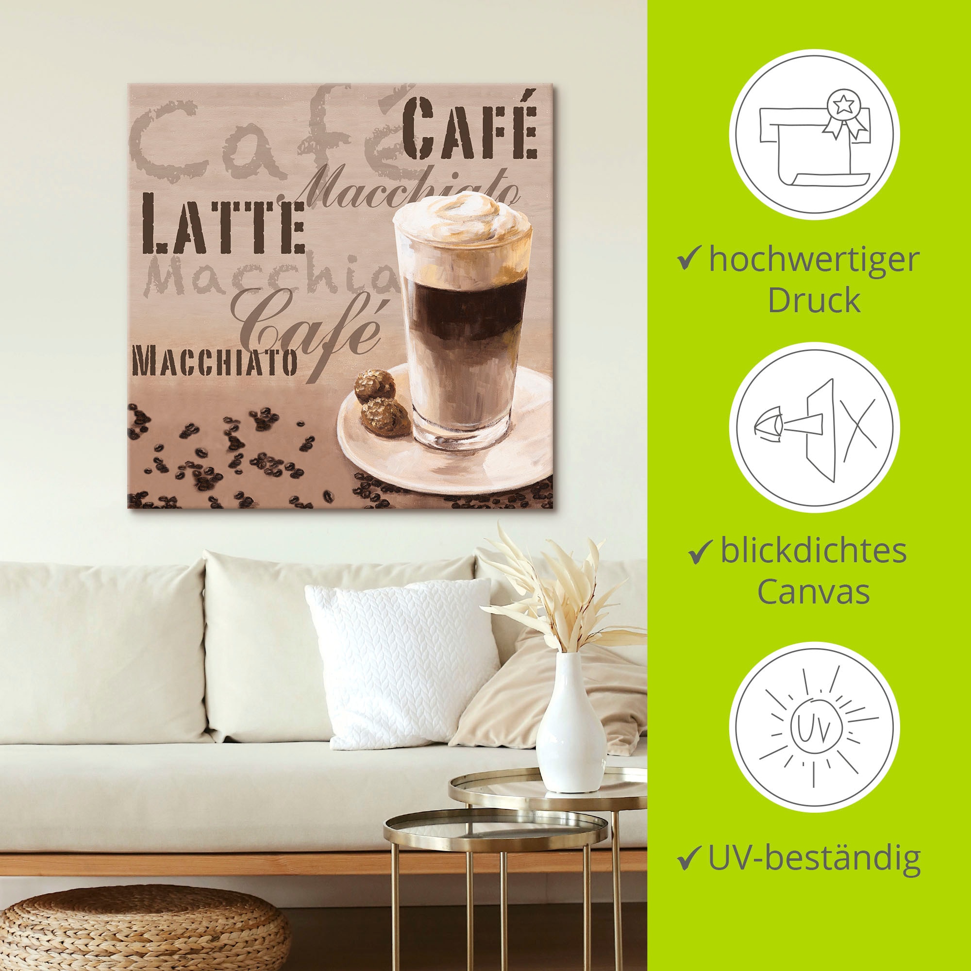 Artland Tableau sur toile »Kaffee - Latte Macchiato« 1 cuis tlg. auf Holzrahmen gespannt