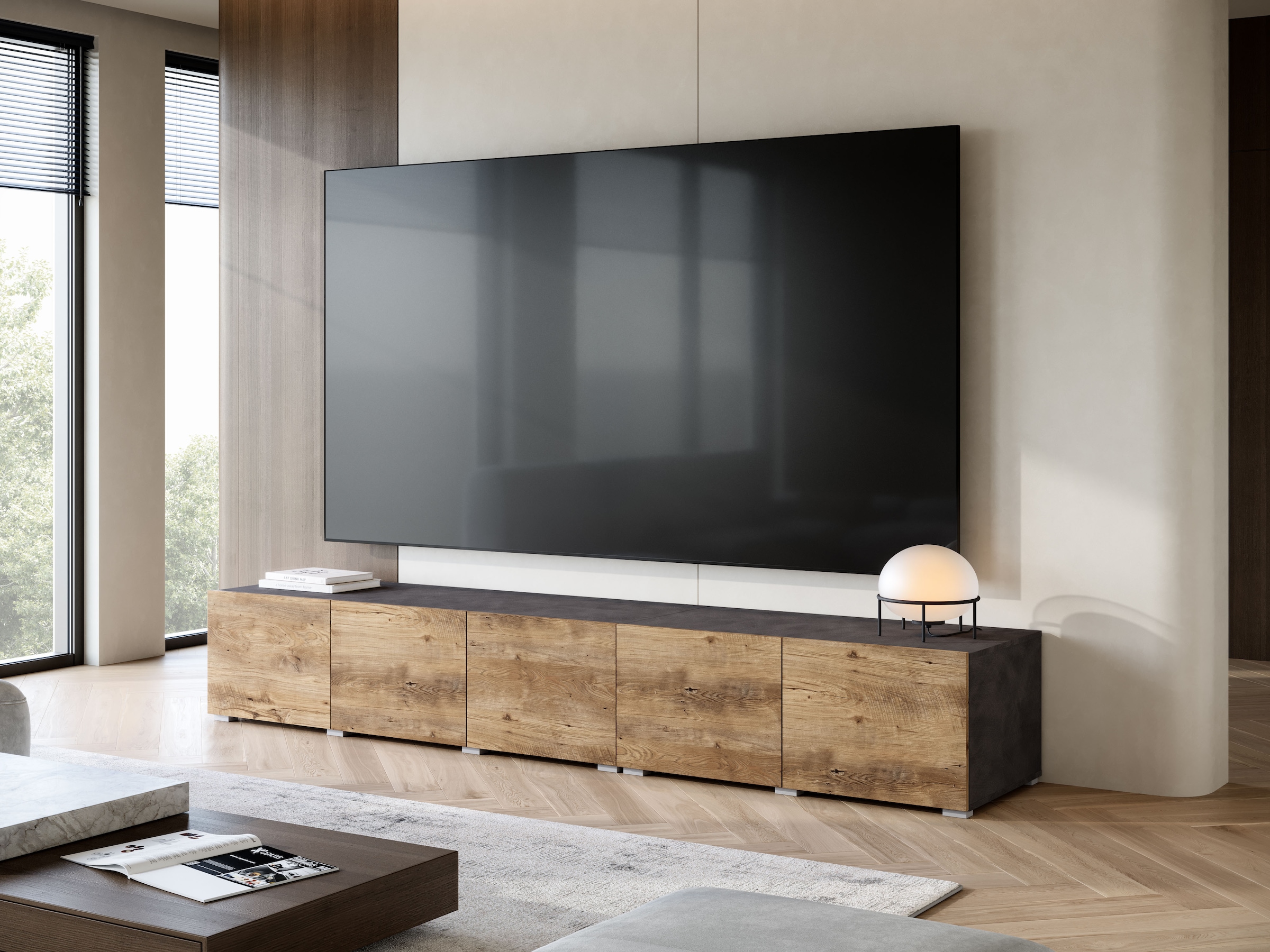 GOODproduct Lowboard »Denver 250 cm für bis zu 98-Zoll TVs - Weltmeisterschaft im XXL Format« Wahlweise mit oder ohne offenes Fach in der Mitte