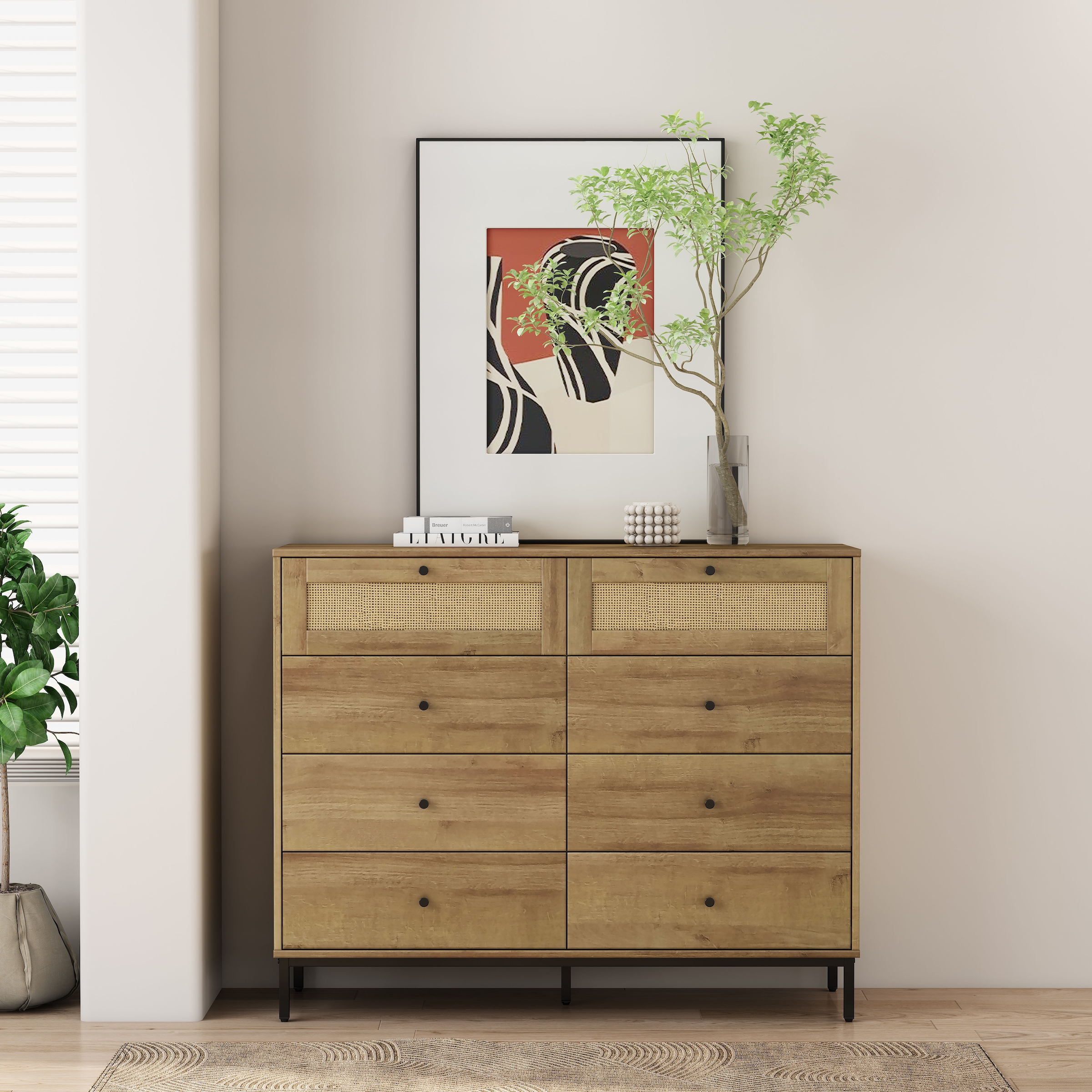 GOODproduct Kombikommode »Motala Wäsche Schrank mit 8 Schubladen Sideboard BOHO Design« Eichen-Design mit schwarzen Griffen und Geflecht Schubladen, 